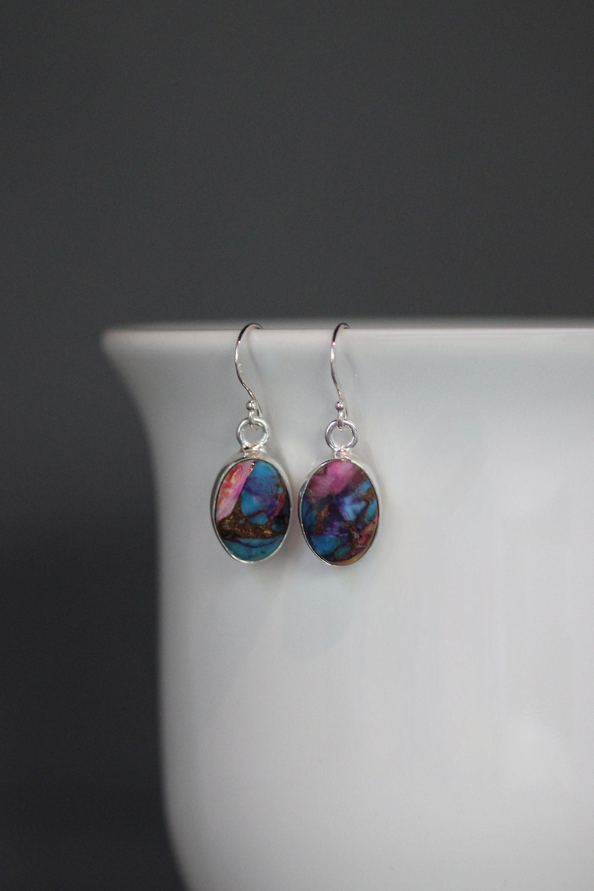 Mojave Copper Turquoise Oval Cabochon Earrings in Sterling Silver Bezels