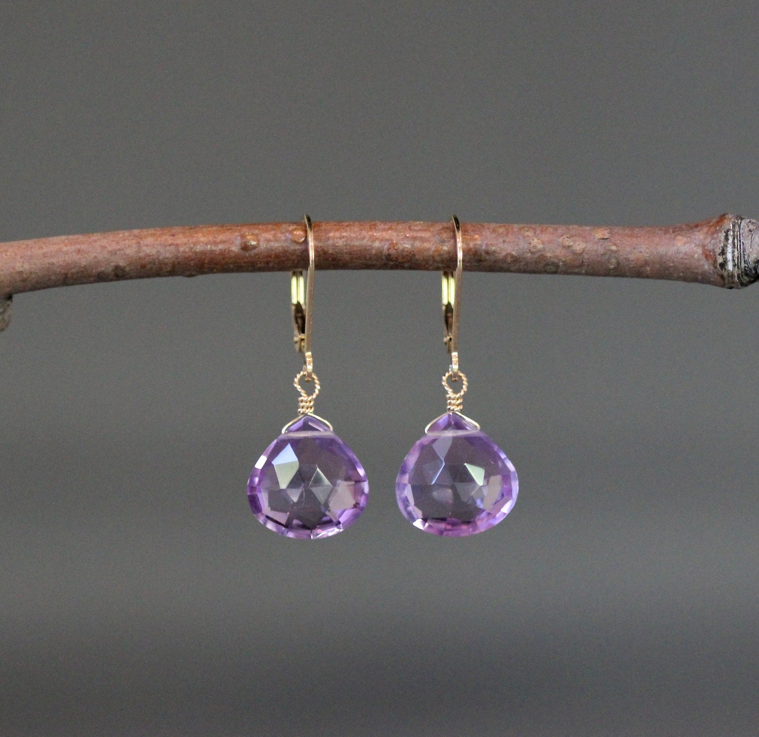 Amethyst Quartz Teardrop Gold Filled Leverback Dangle Earrings