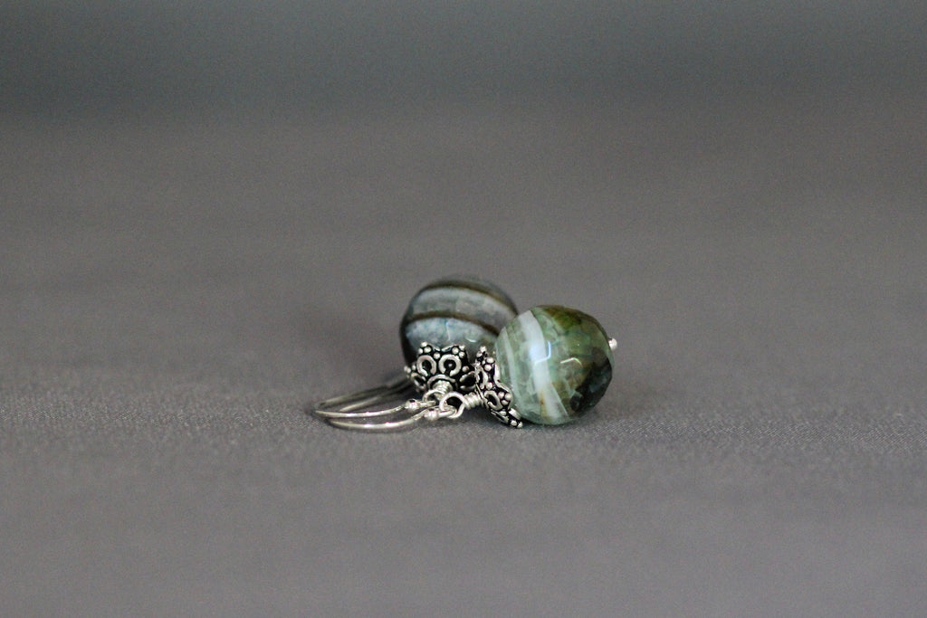 Green Agate Dangle Earrings with Bali Sterling Silver Caps