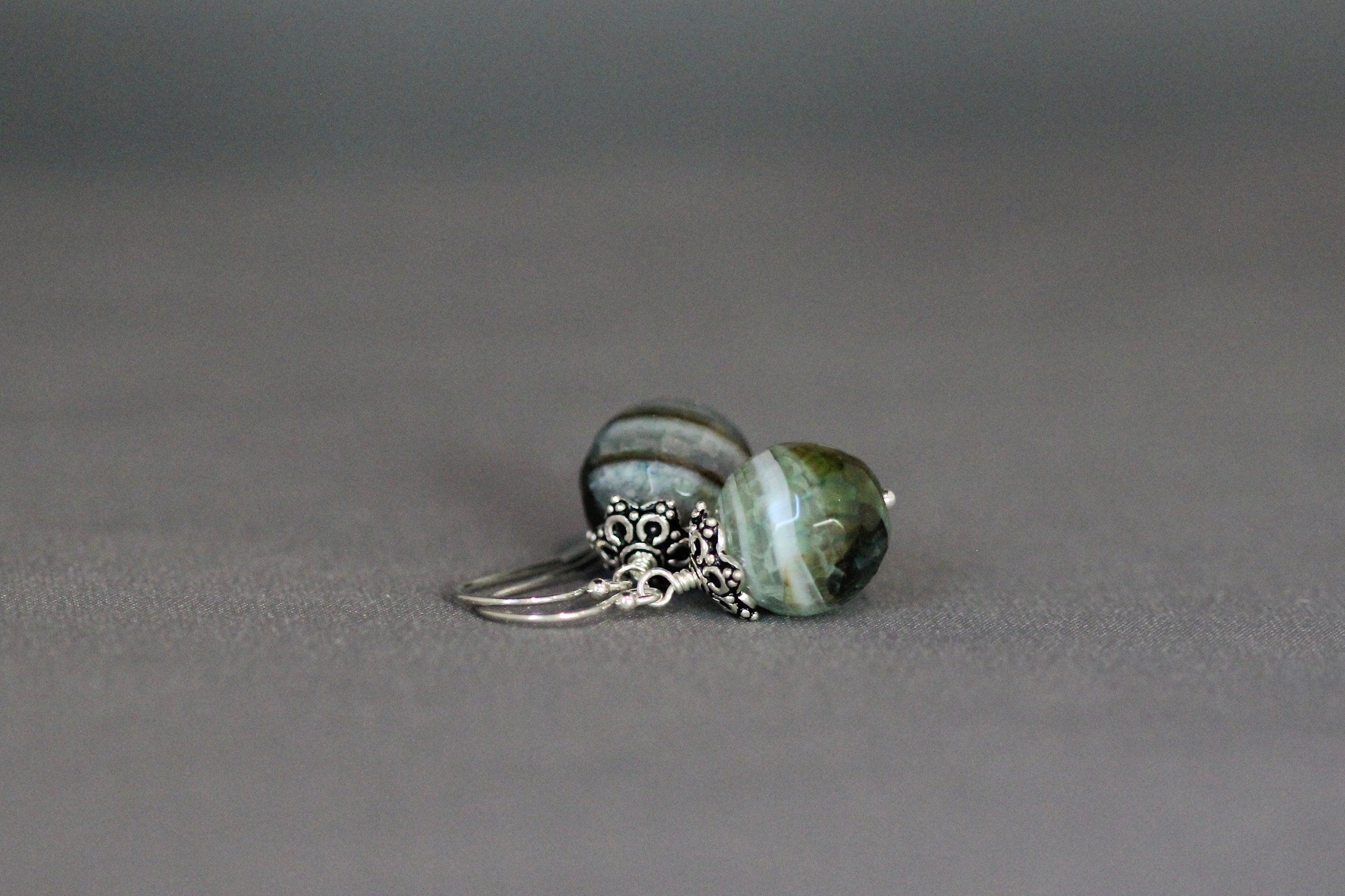 Green Agate Dangle Earrings with Bali Sterling Silver Caps