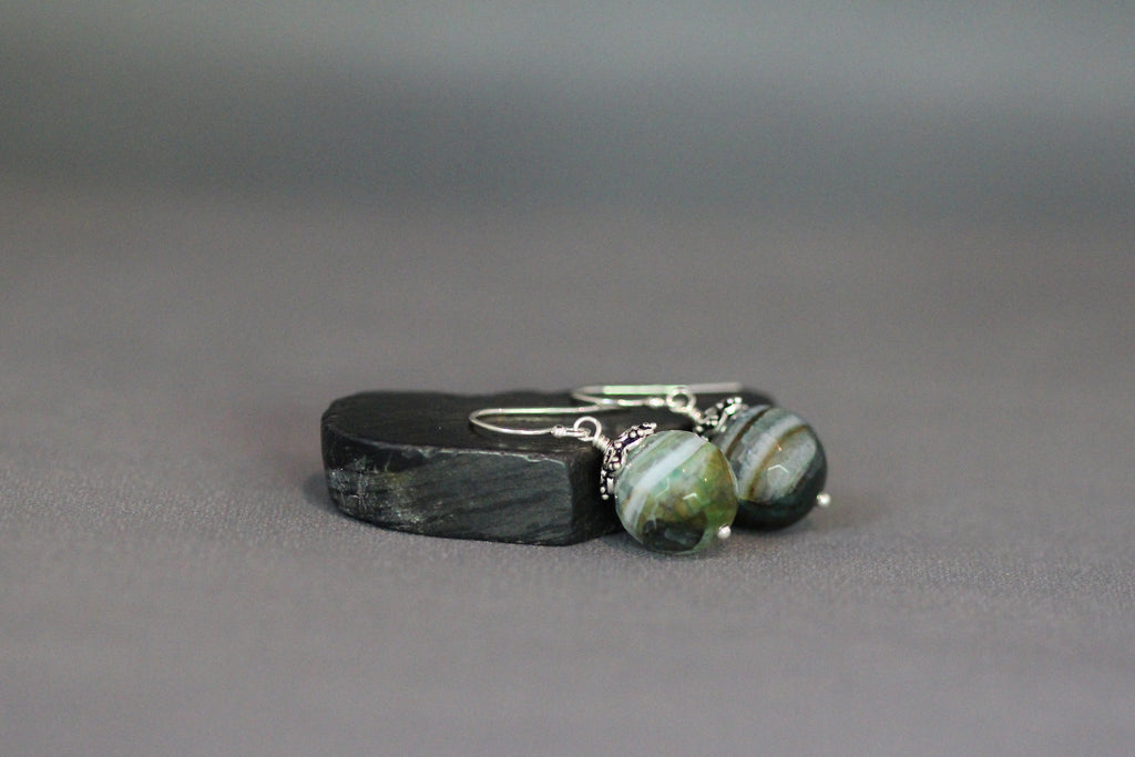 Green Agate Dangle Earrings with Bali Sterling Silver Caps