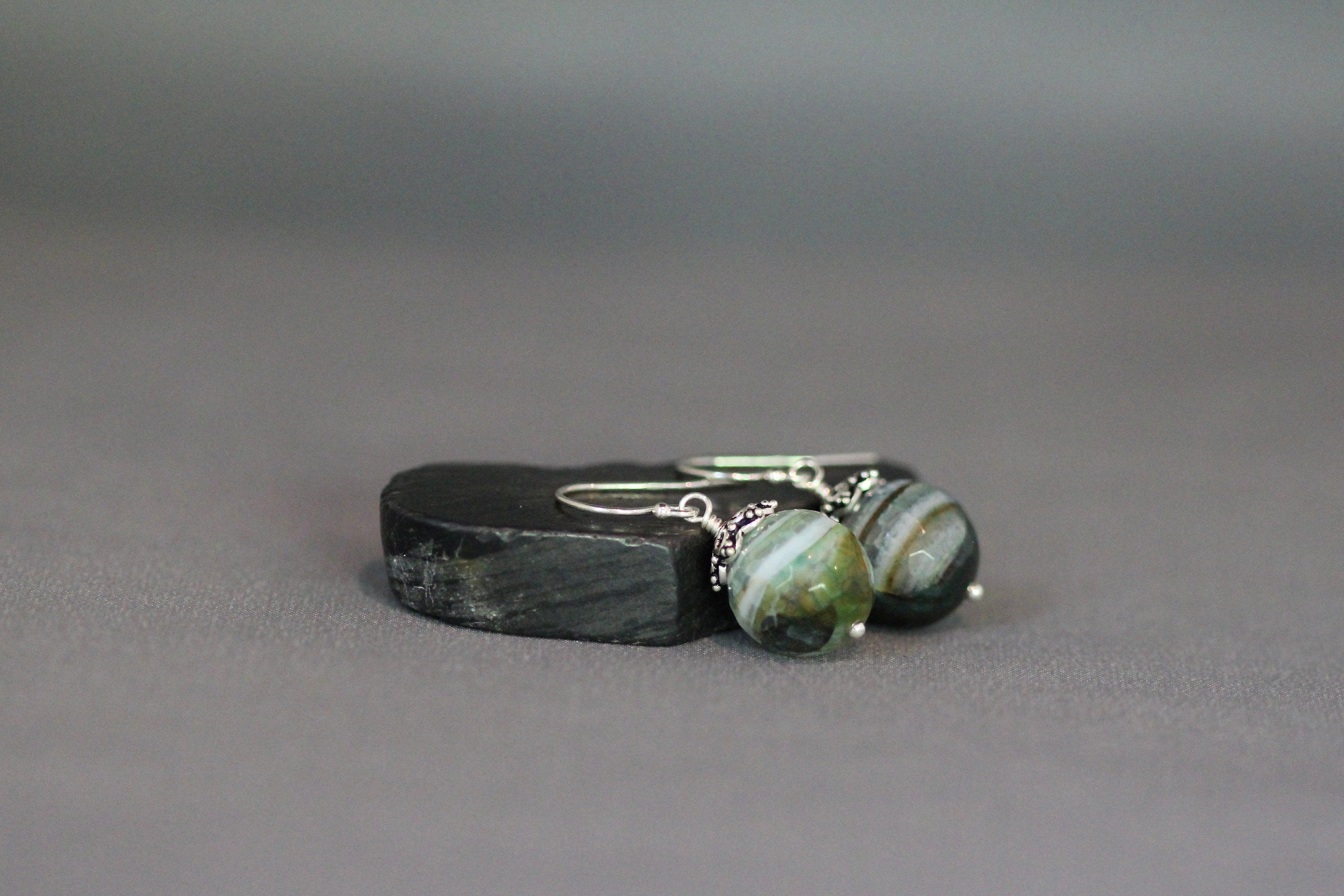 Green Agate Dangle Earrings with Bali Sterling Silver Caps