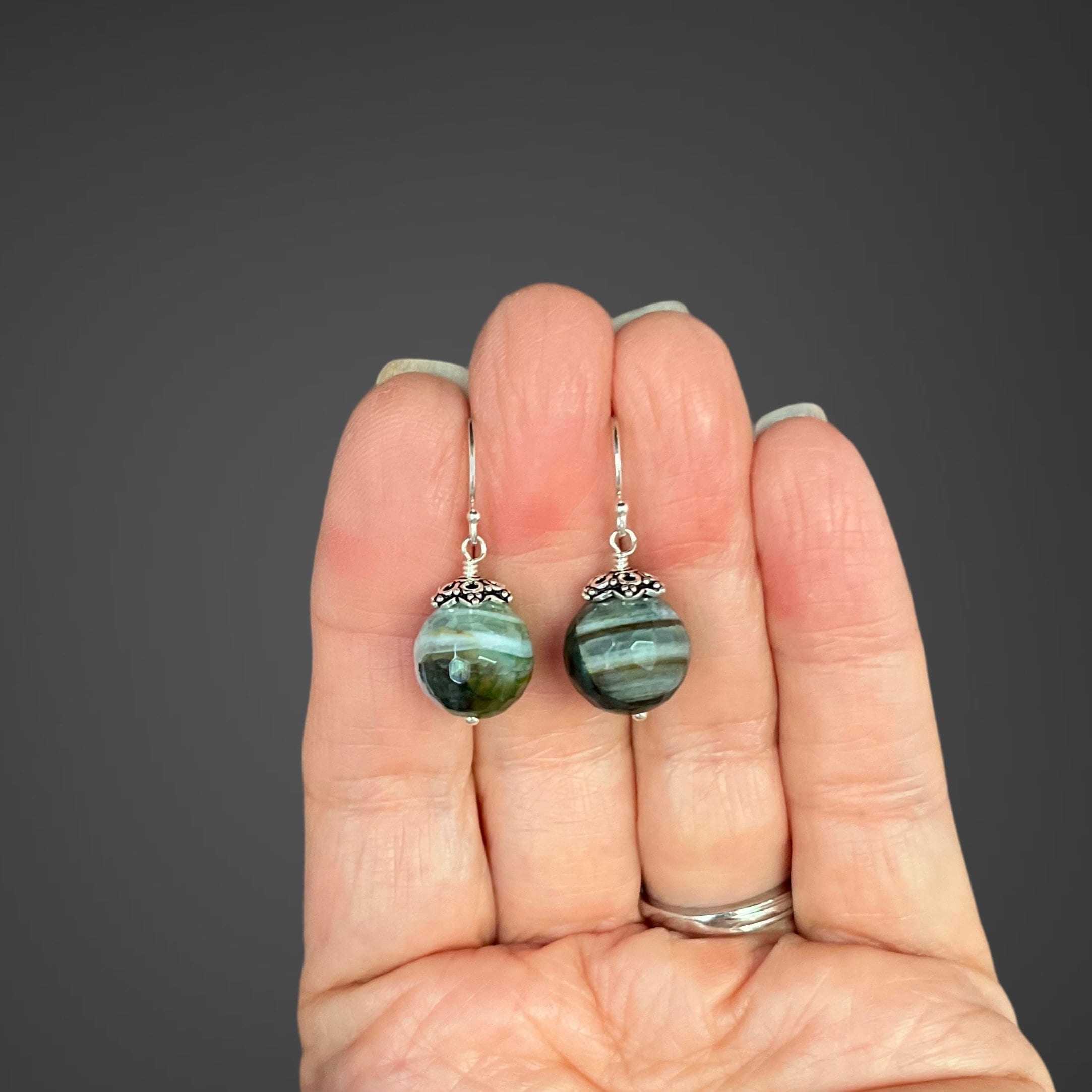 Green Agate Dangle Earrings with Bali Sterling Silver Caps