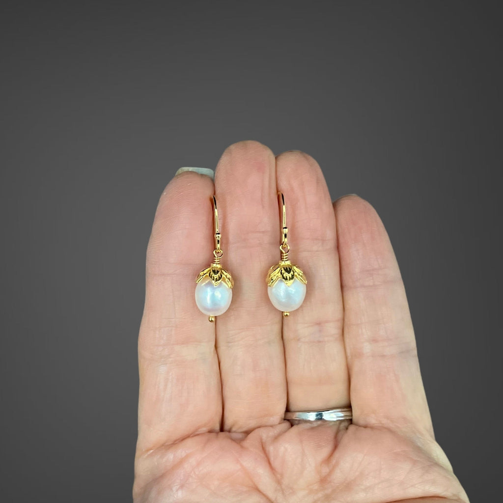 White Oval Freshwater Pearl Dangle Earrings in Gold Vermeil