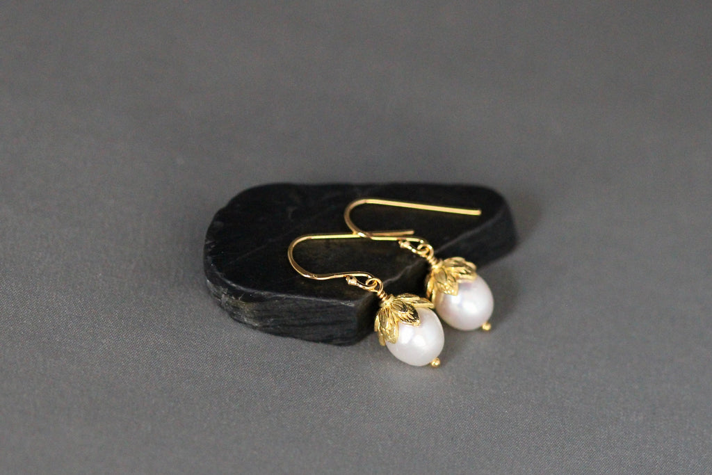 White Oval Freshwater Pearl Dangle Earrings in Gold Vermeil