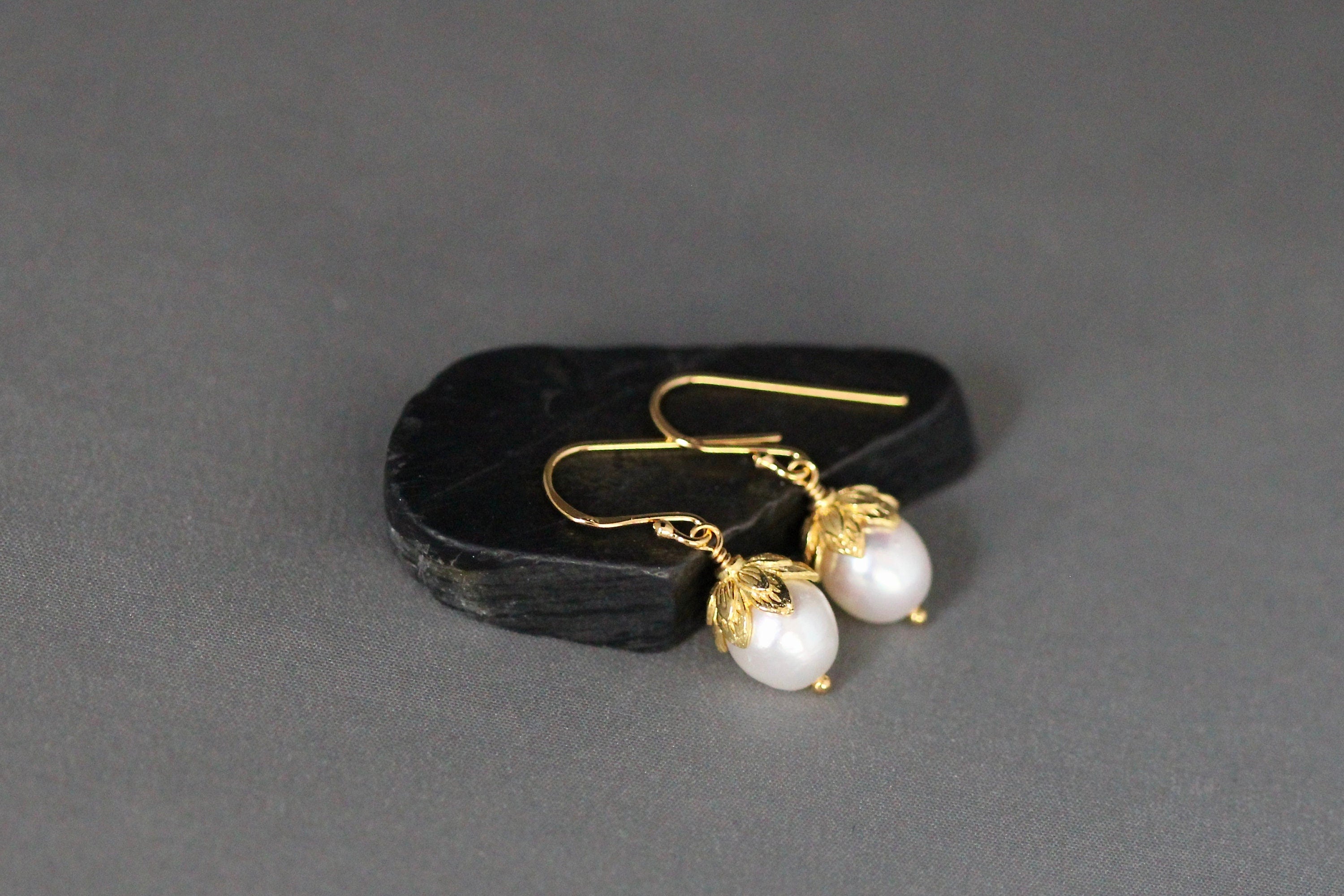 White Oval Freshwater Pearl Dangle Earrings in Gold Vermeil