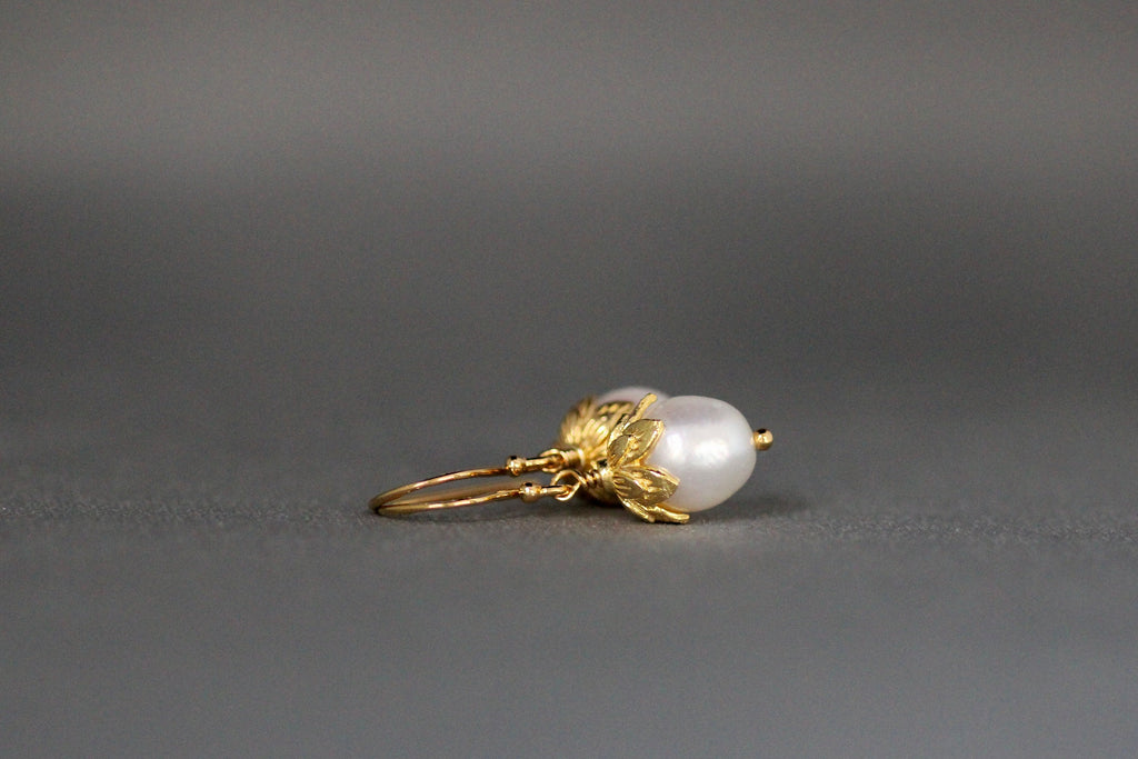 White Oval Freshwater Pearl Dangle Earrings in Gold Vermeil