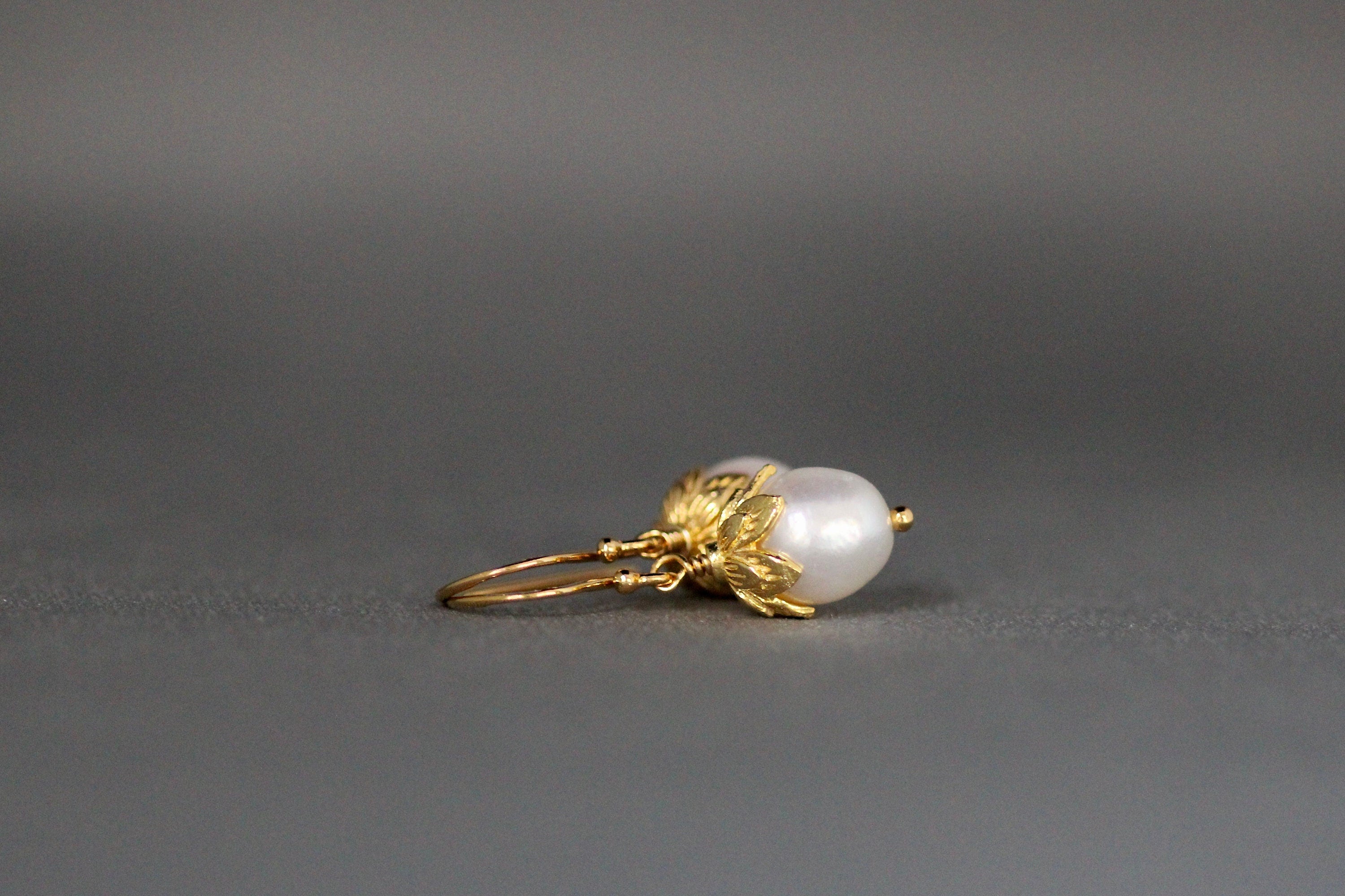 White Oval Freshwater Pearl Dangle Earrings in Gold Vermeil