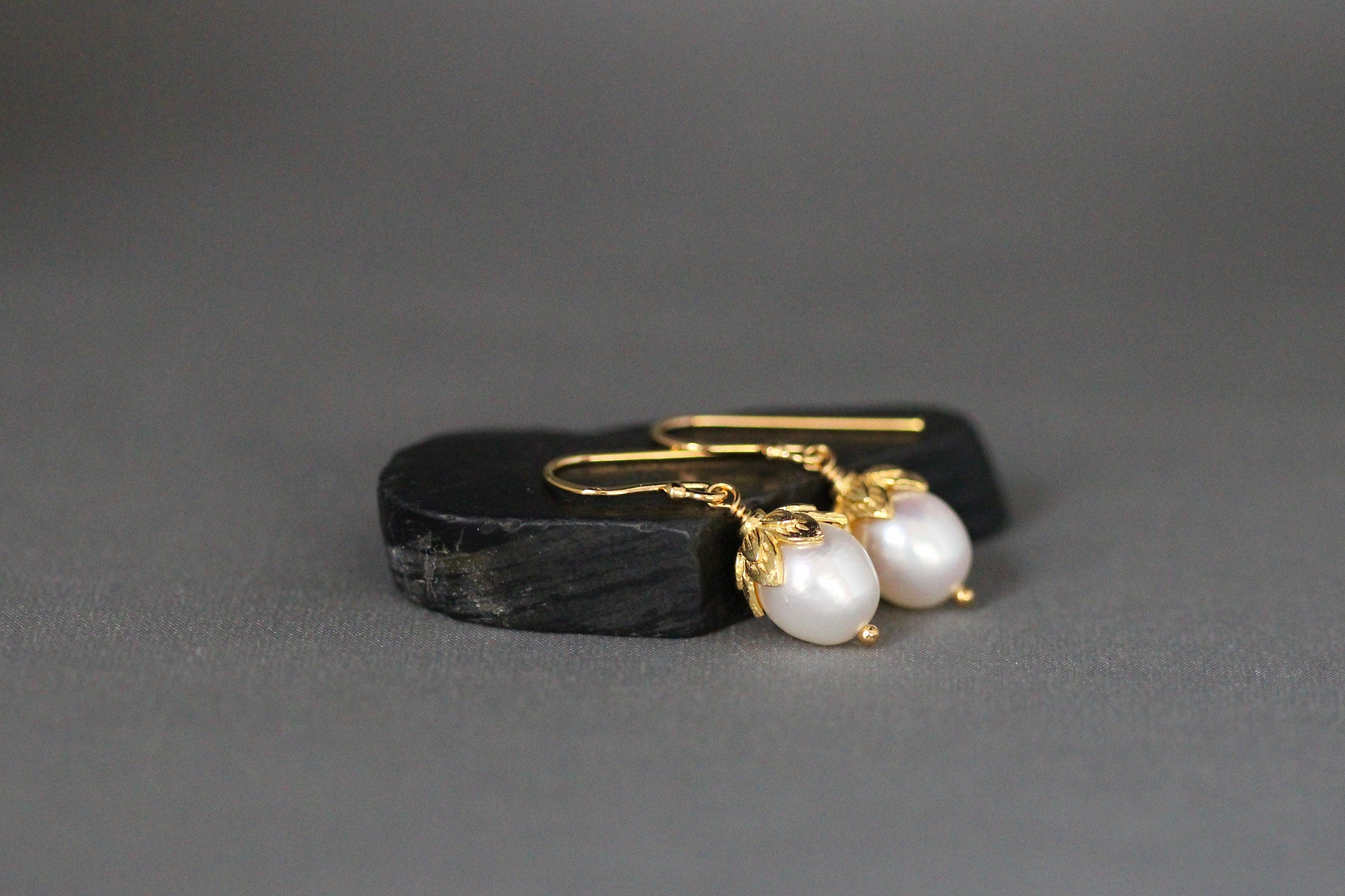 White Oval Freshwater Pearl Dangle Earrings in Gold Vermeil