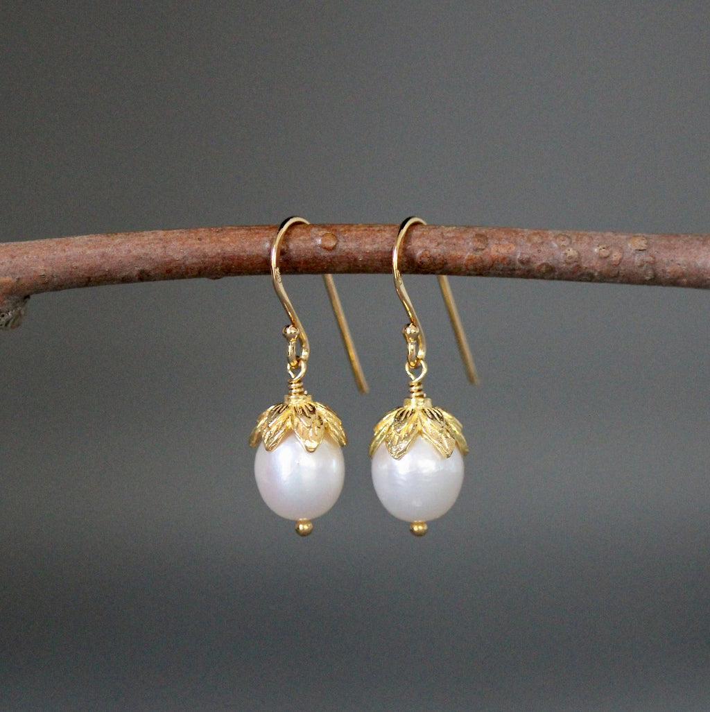 White Oval Freshwater Pearl Dangle Earrings in Gold Vermeil