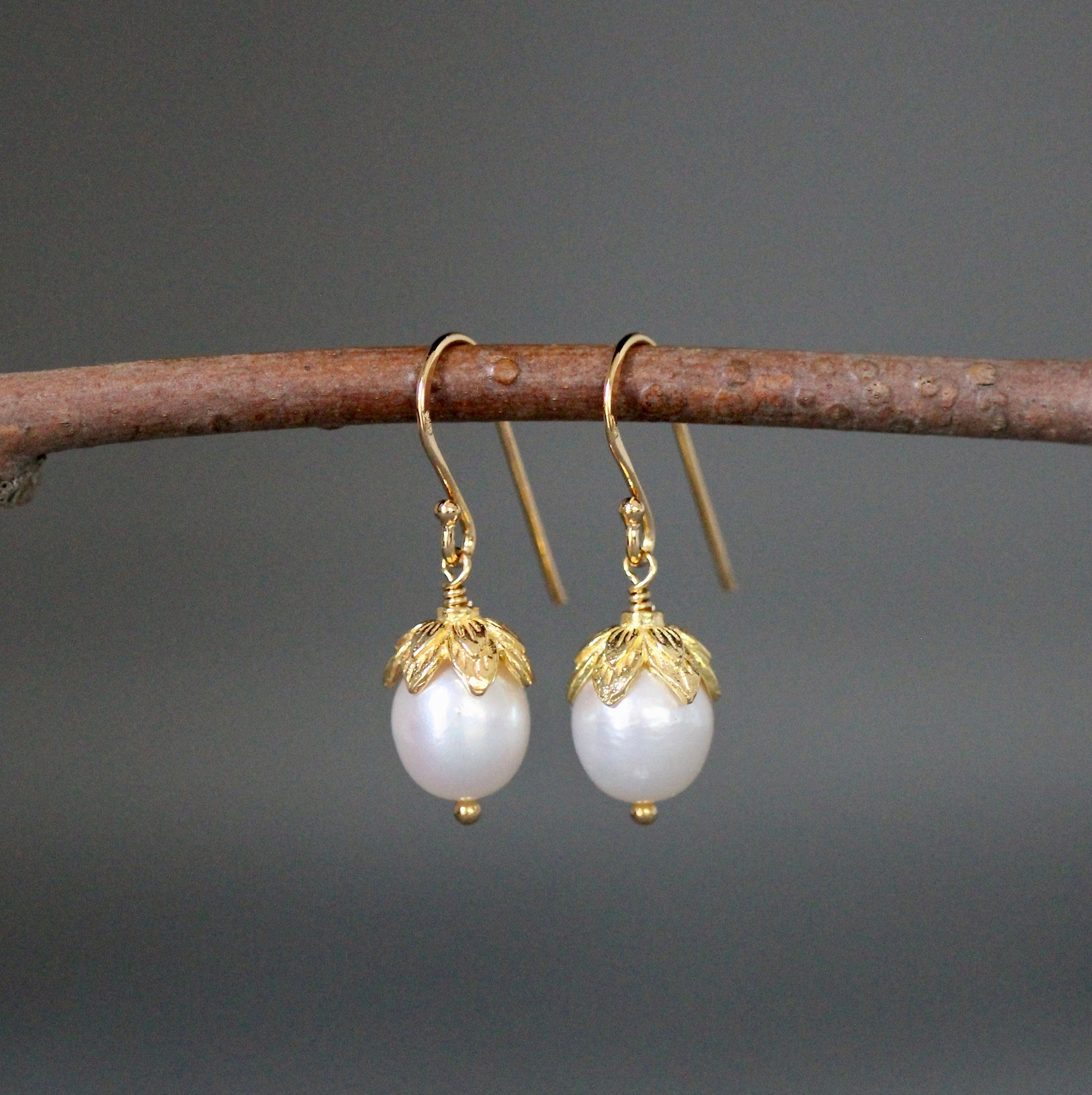 White Oval Freshwater Pearl Dangle Earrings in Gold Vermeil