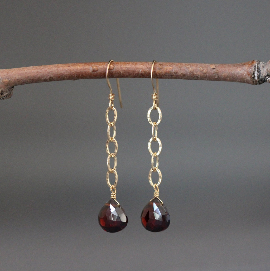 Red Garnet Quartz Teardrop Earrings on Hammered Gold Filled Links