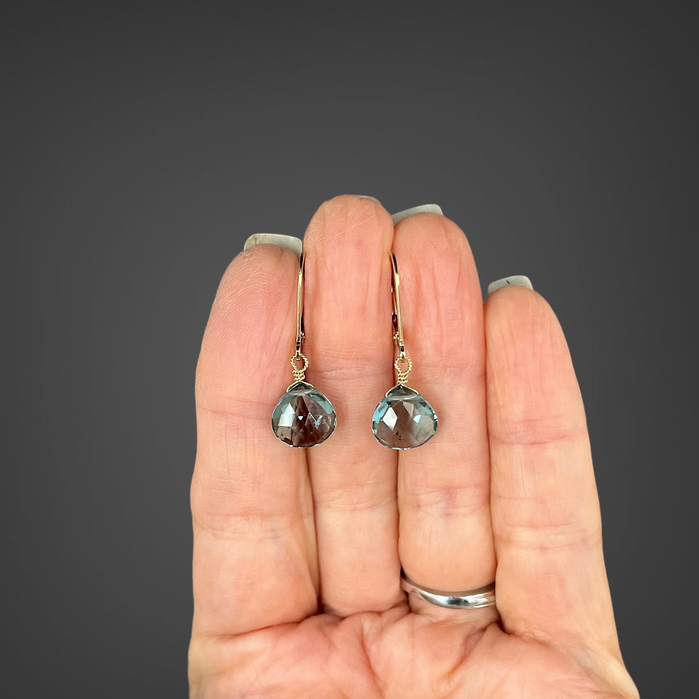 Teal Blue Quartz Teardrop Dangle Earrings on Gold Filled Leverbacks