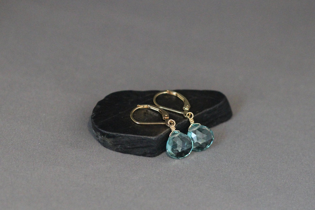 Teal Blue Quartz Teardrop Dangle Earrings on Gold Filled Leverbacks