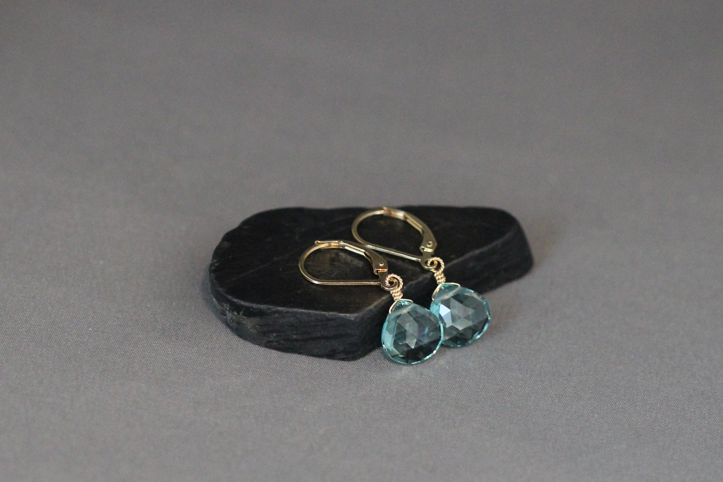 Teal Blue Quartz Teardrop Dangle Earrings on Gold Filled Leverbacks