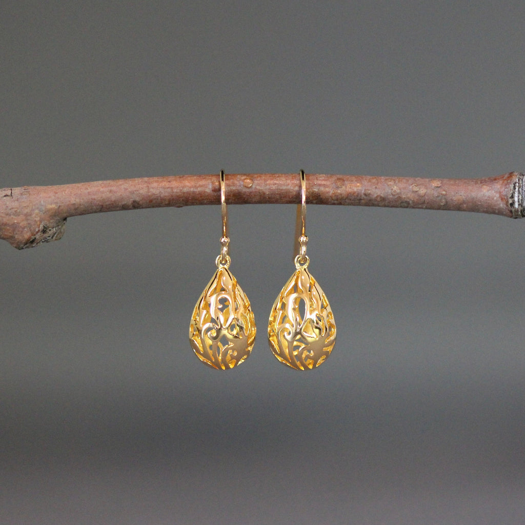 Gold Vermeil Filigree Teardrop Charm Dangle Earrings