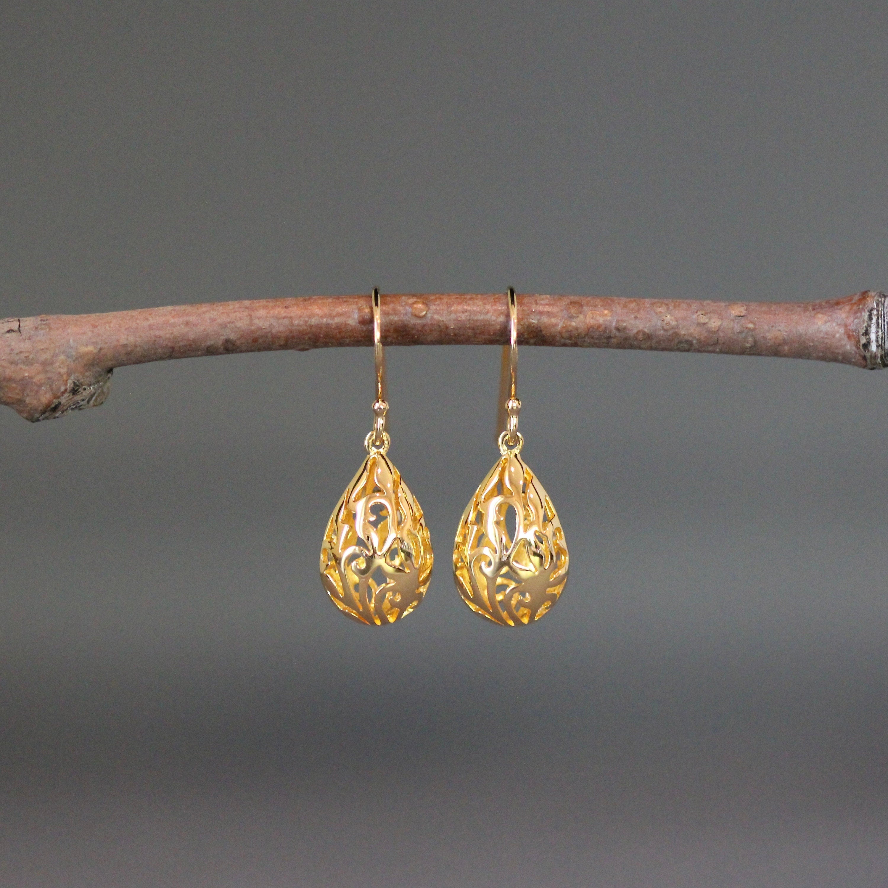 Gold Vermeil Filigree Teardrop Charm Dangle Earrings