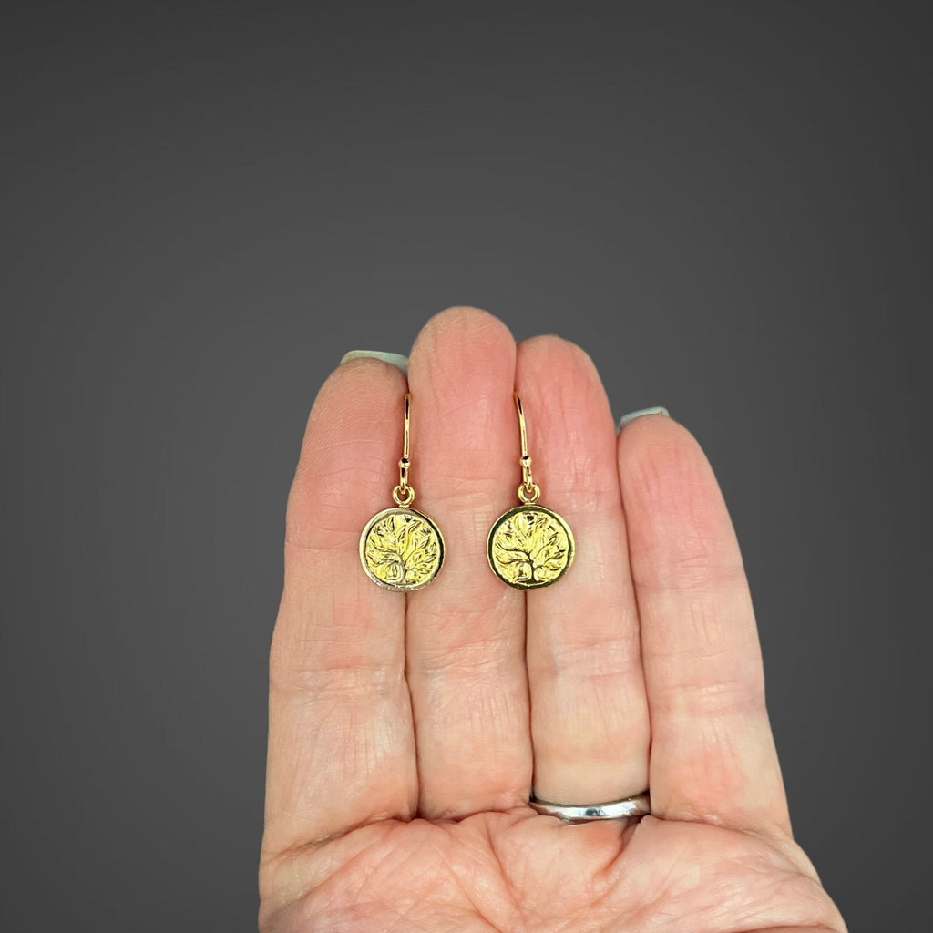Gold Vermeil Tree of Life Coin Charm Dangle Earrings