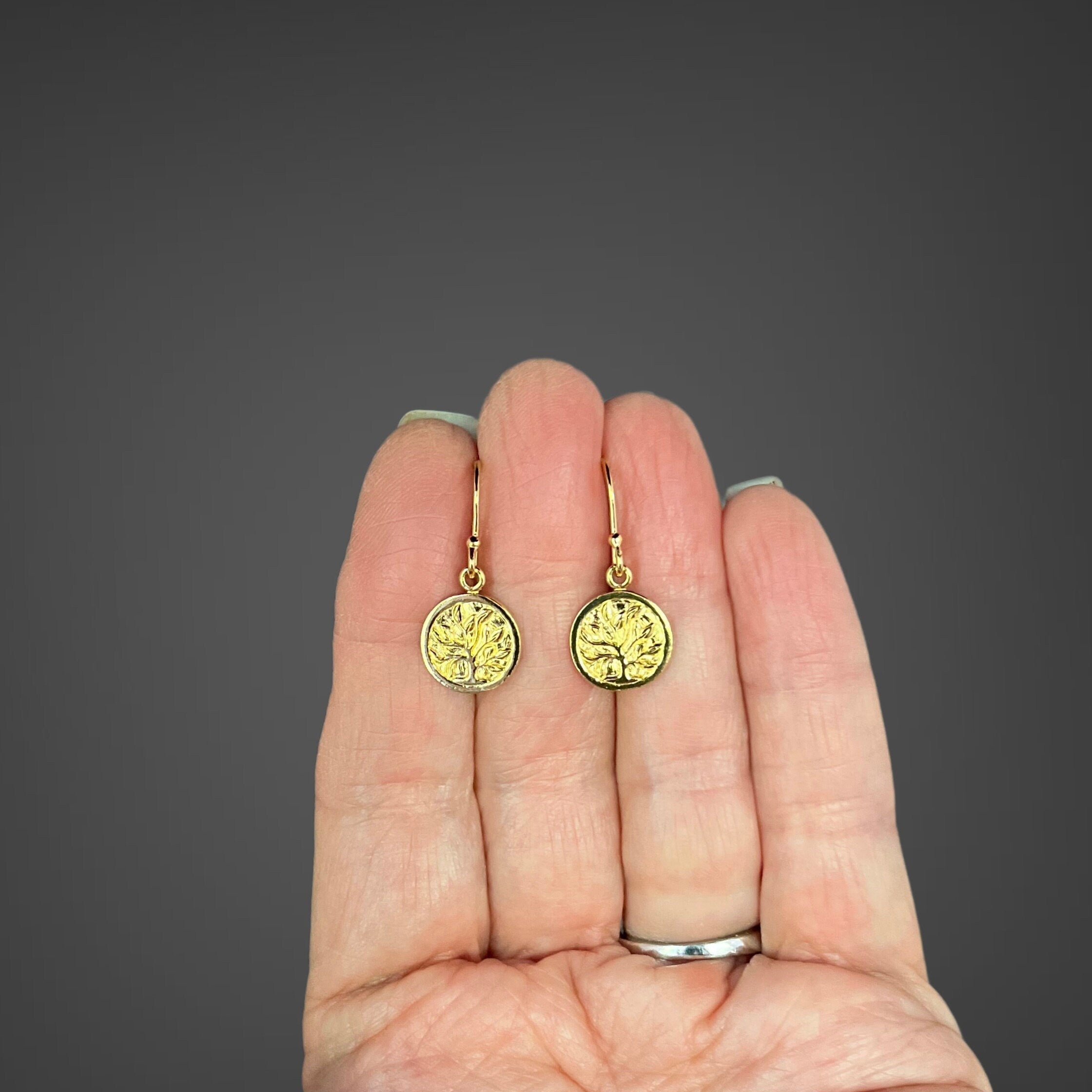 Gold Vermeil Tree of Life Coin Charm Dangle Earrings