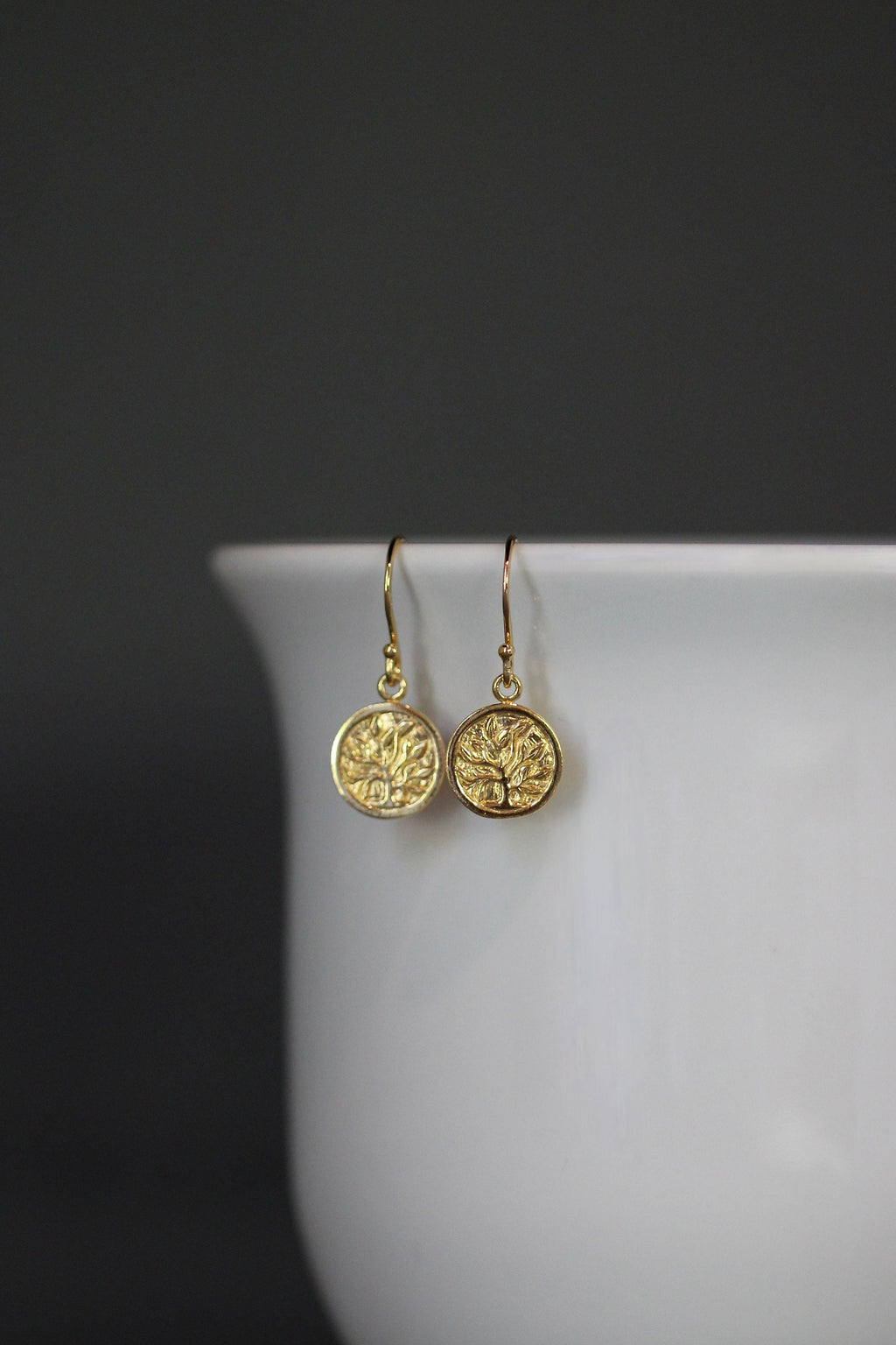 Gold Vermeil Tree of Life Coin Charm Dangle Earrings