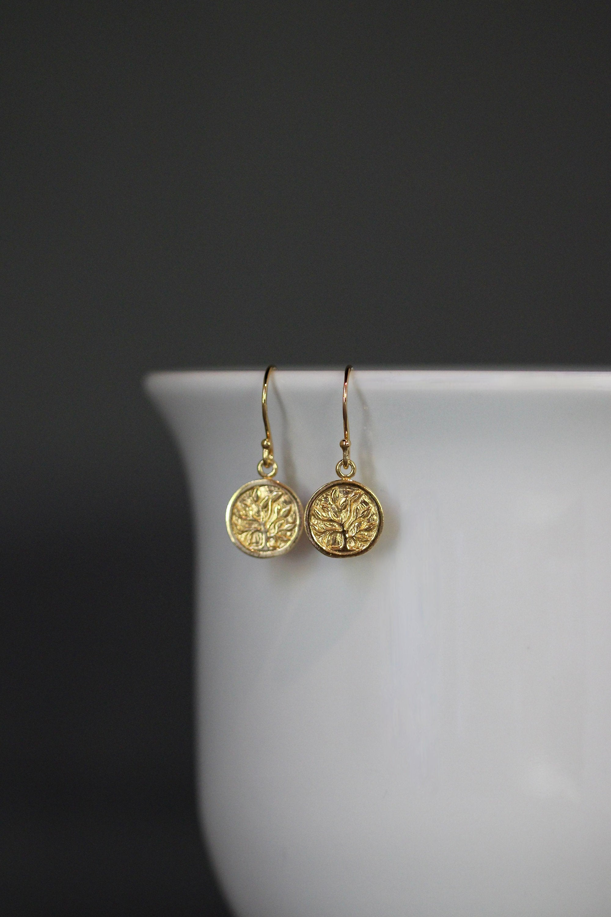 Gold Vermeil Tree of Life Coin Charm Dangle Earrings