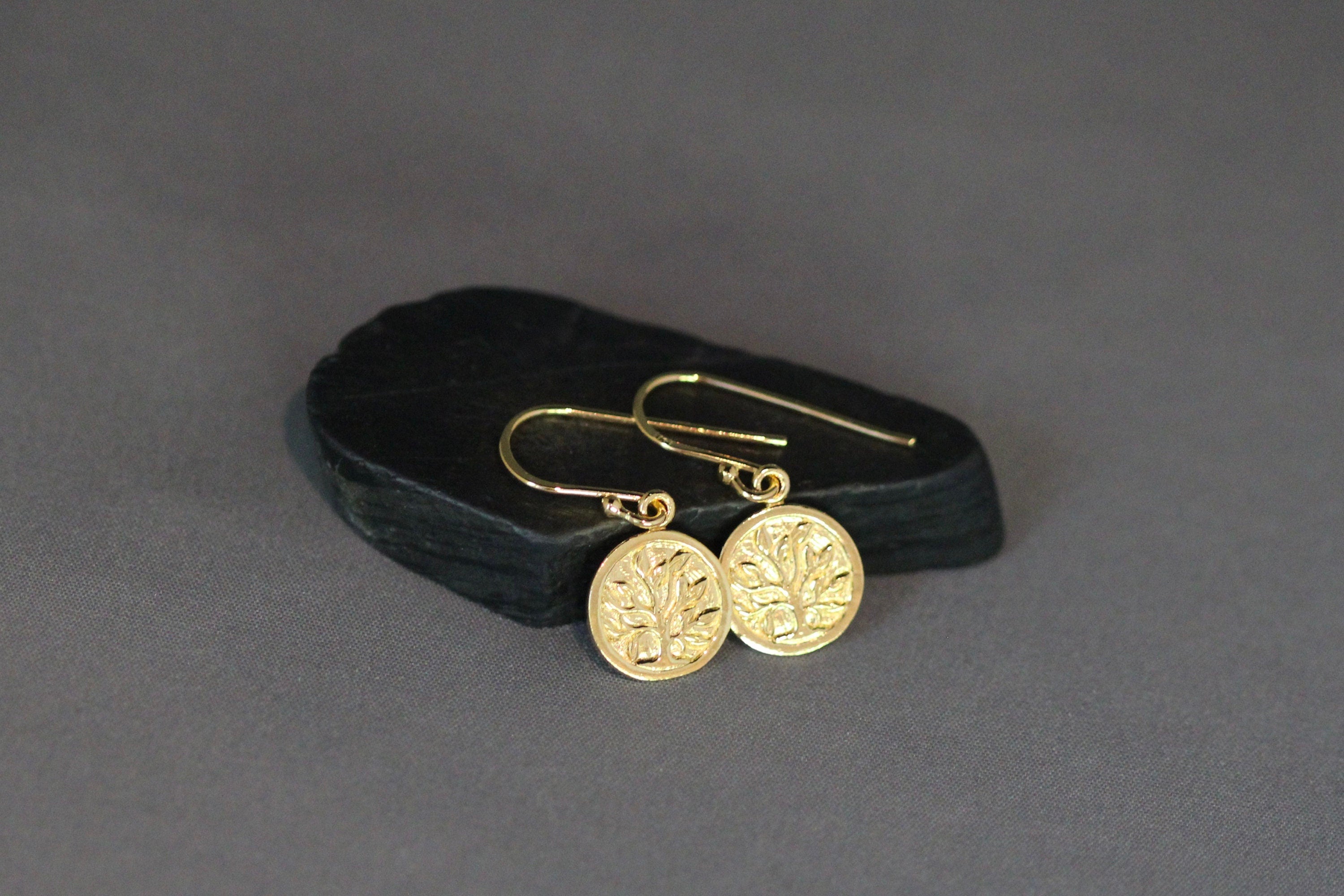Gold Vermeil Tree of Life Coin Charm Dangle Earrings