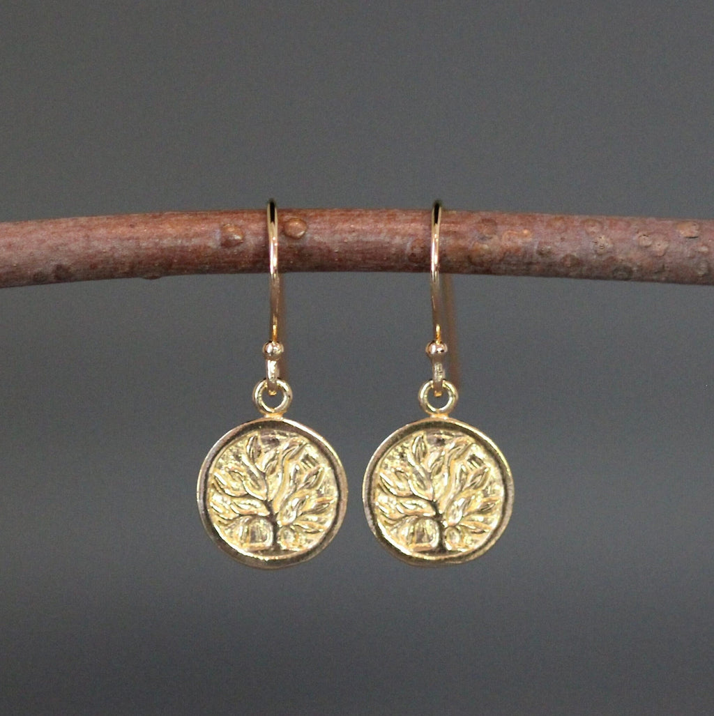 Gold Vermeil Tree of Life Coin Charm Dangle Earrings