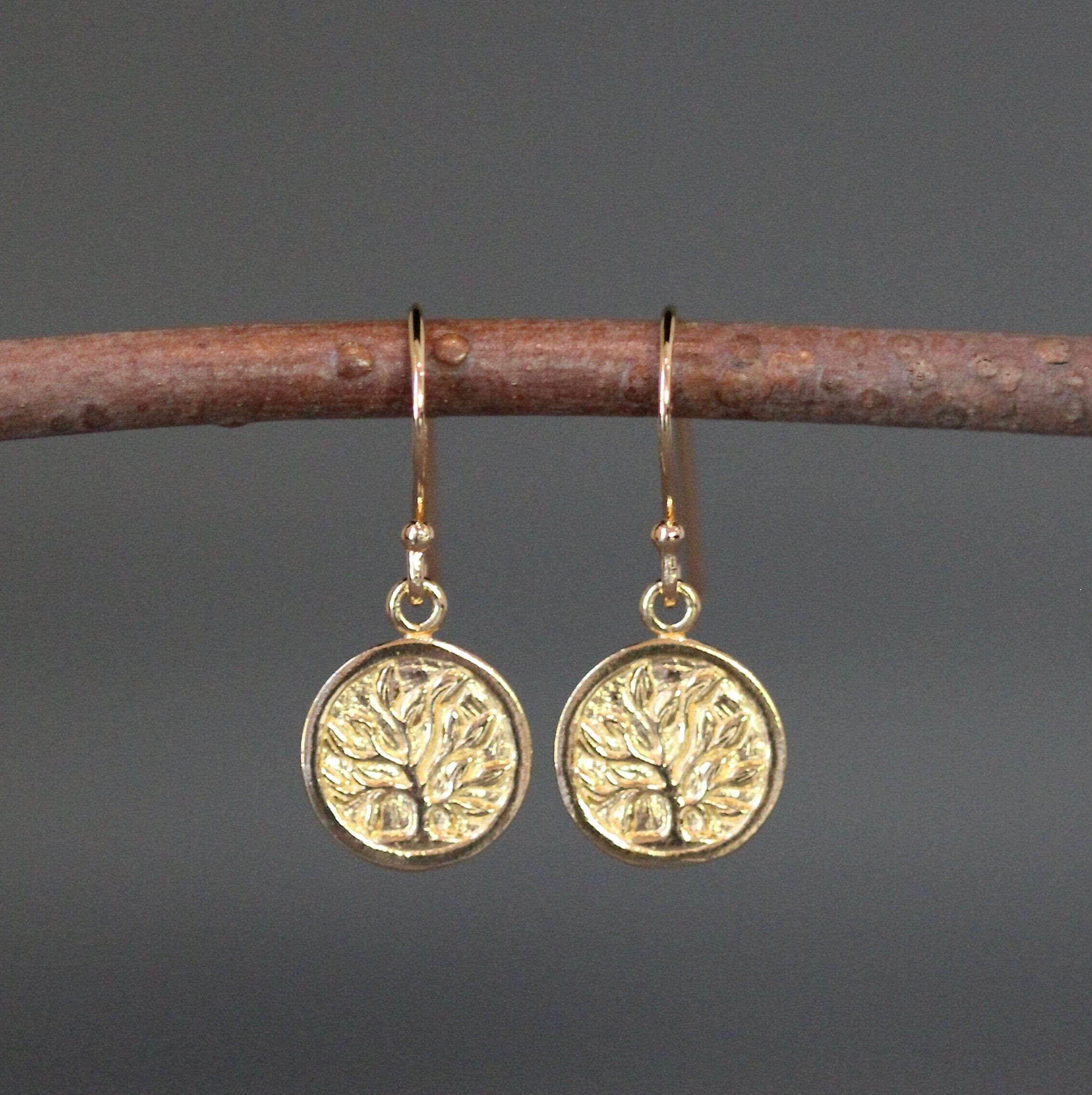 Gold Vermeil Tree of Life Coin Charm Dangle Earrings