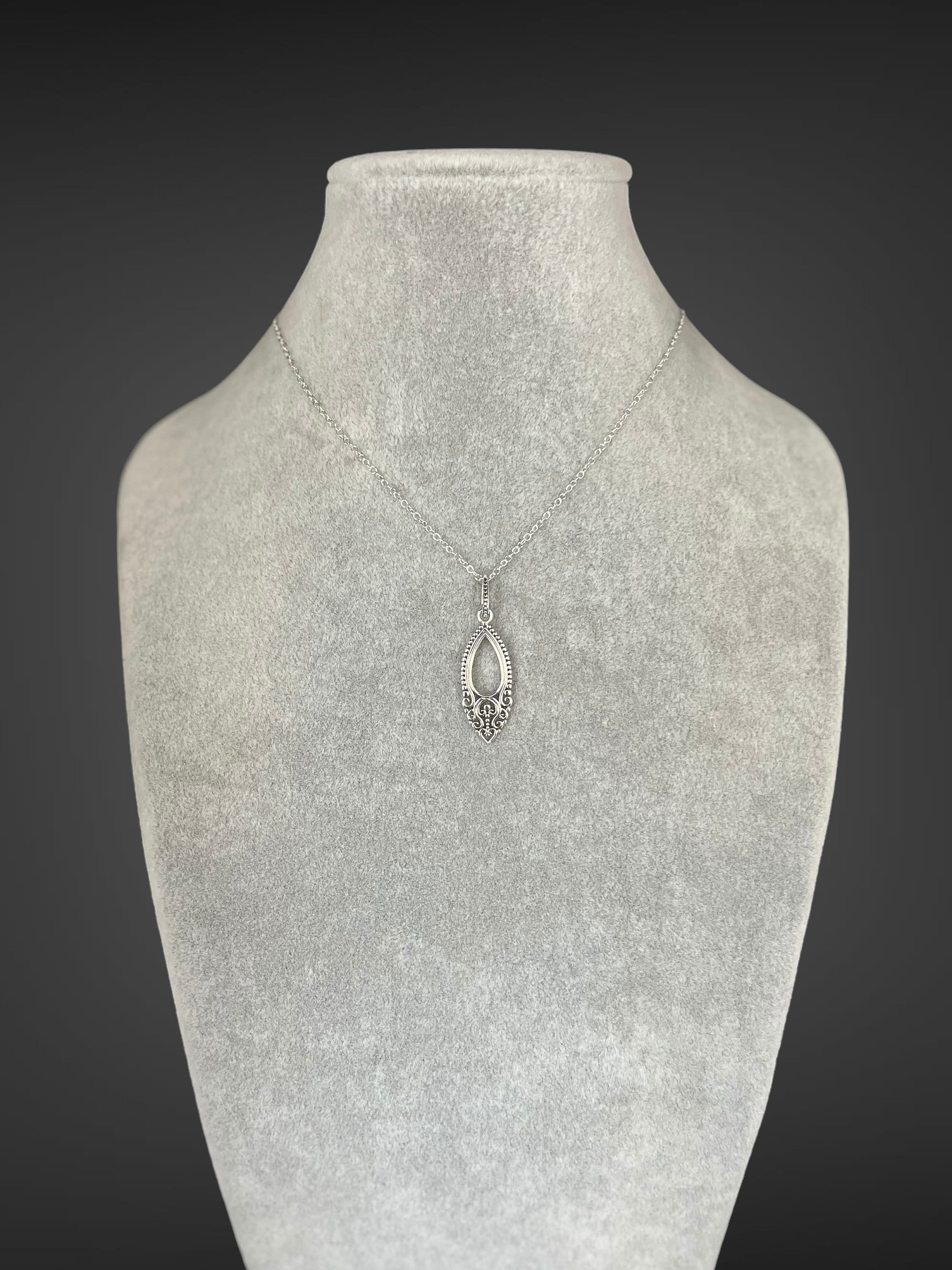 Bali Silver Filigree Teardrop Charm Pendant Necklace