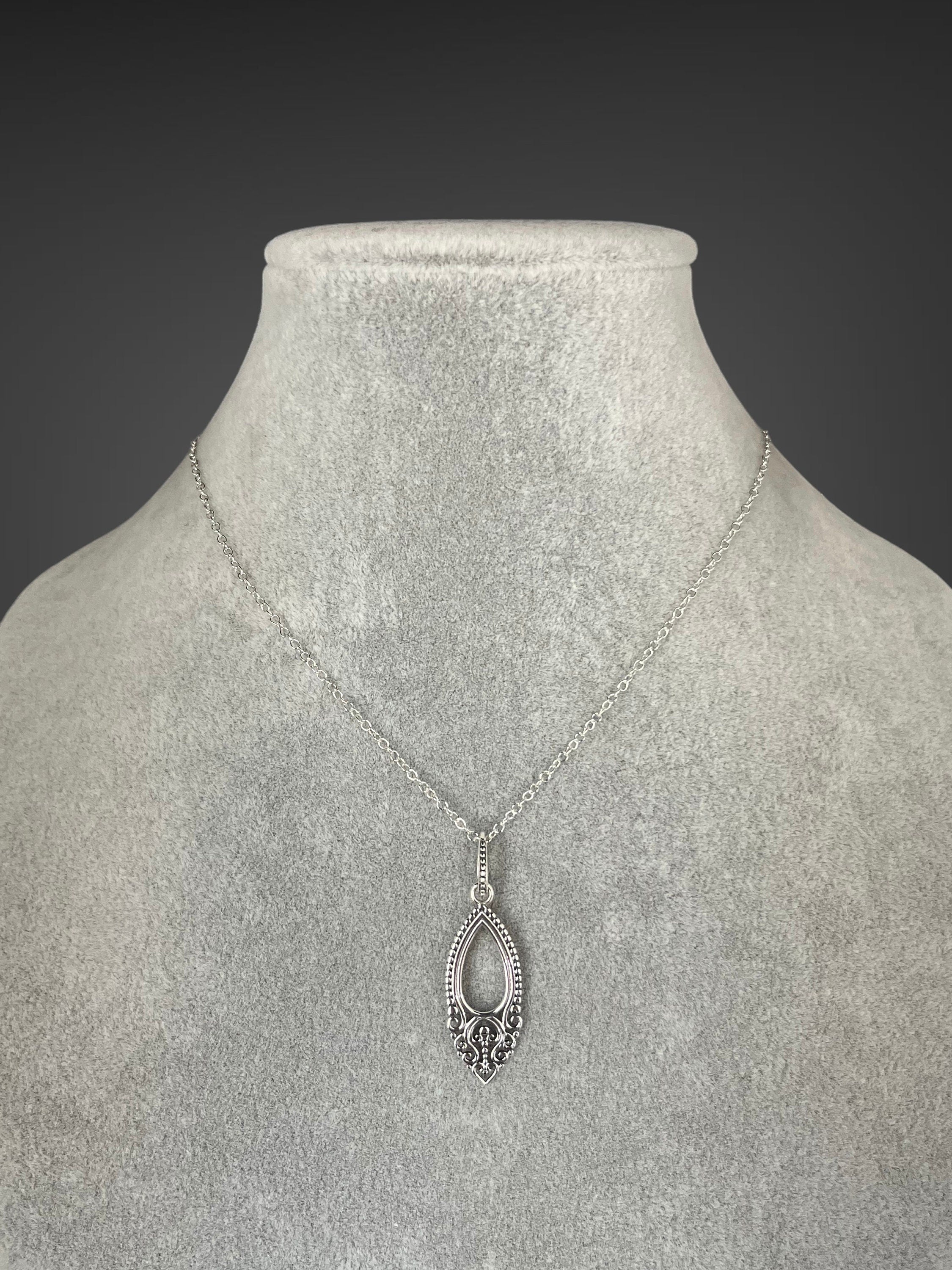 Bali Silver Filigree Teardrop Charm Pendant Necklace
