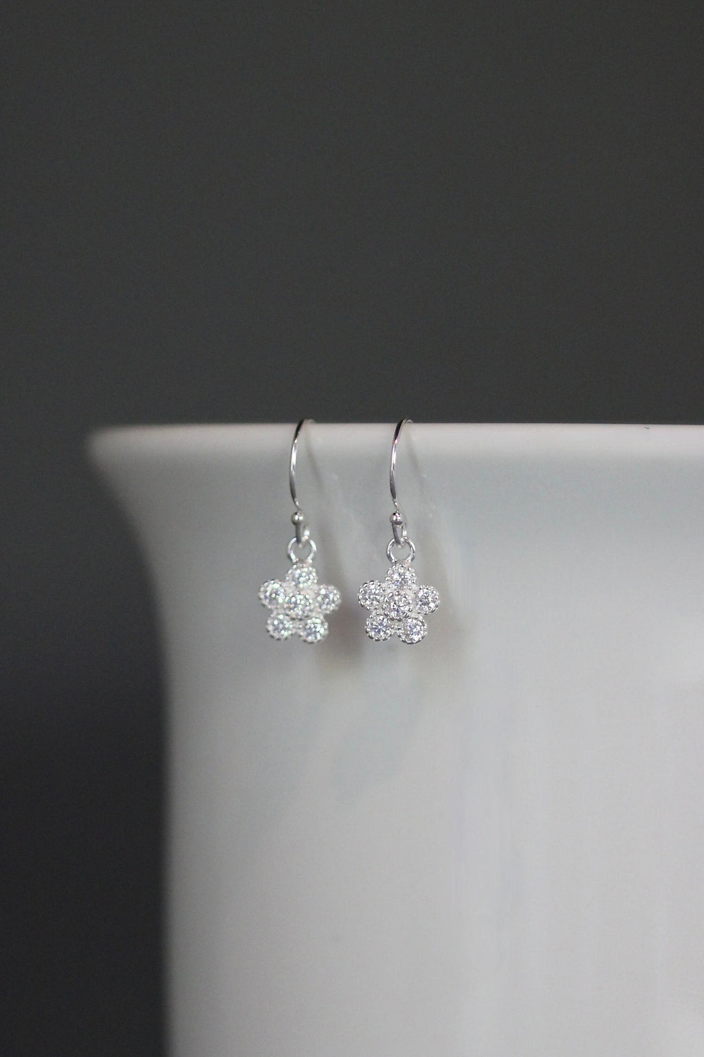 Cubic Zirconia Sterling Silver Flower Dangle Earrings