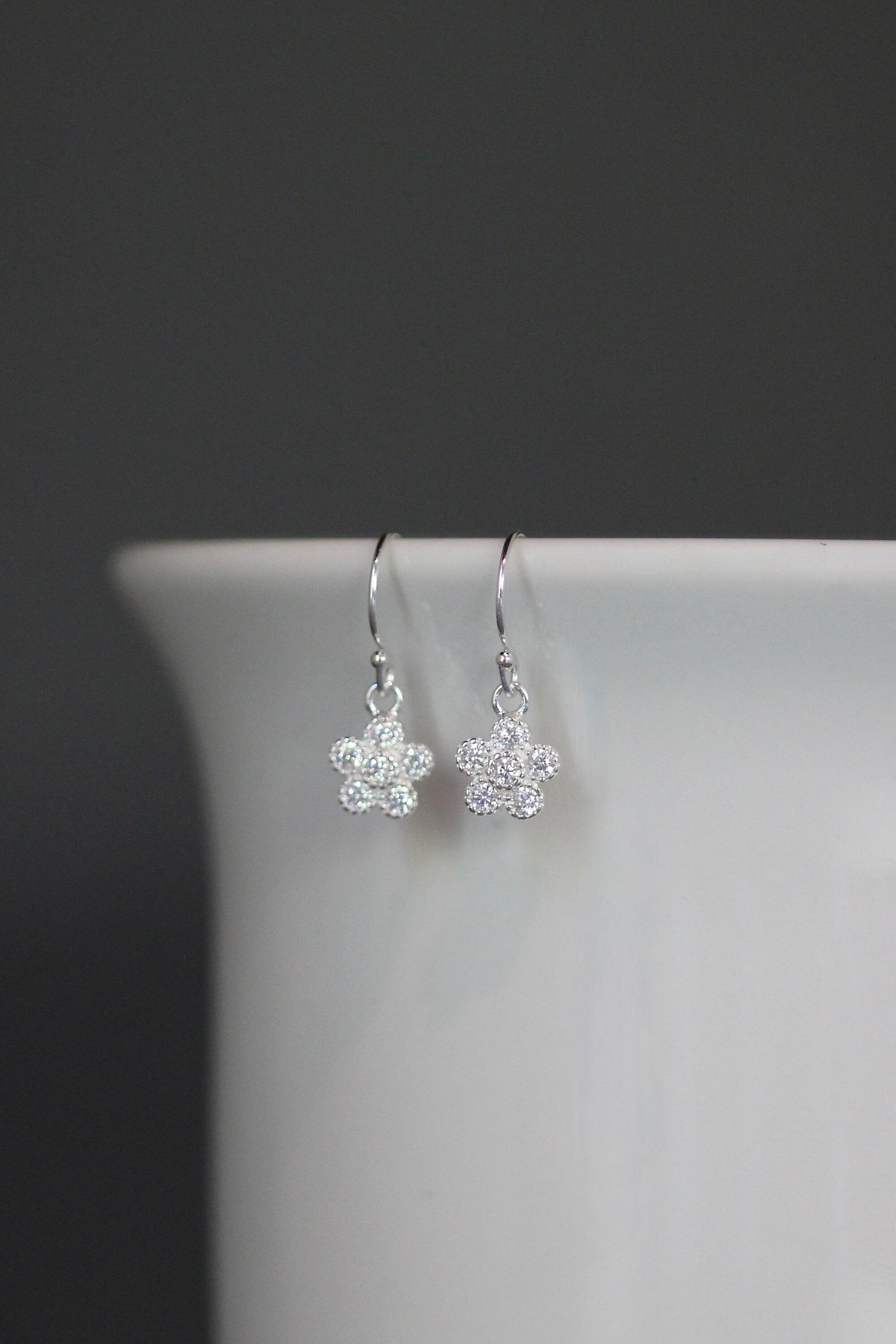 Cubic Zirconia Sterling Silver Flower Dangle Earrings