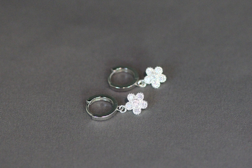 Cubic Zirconia Sterling Silver Flower Charm Huggie Hoop Earrings