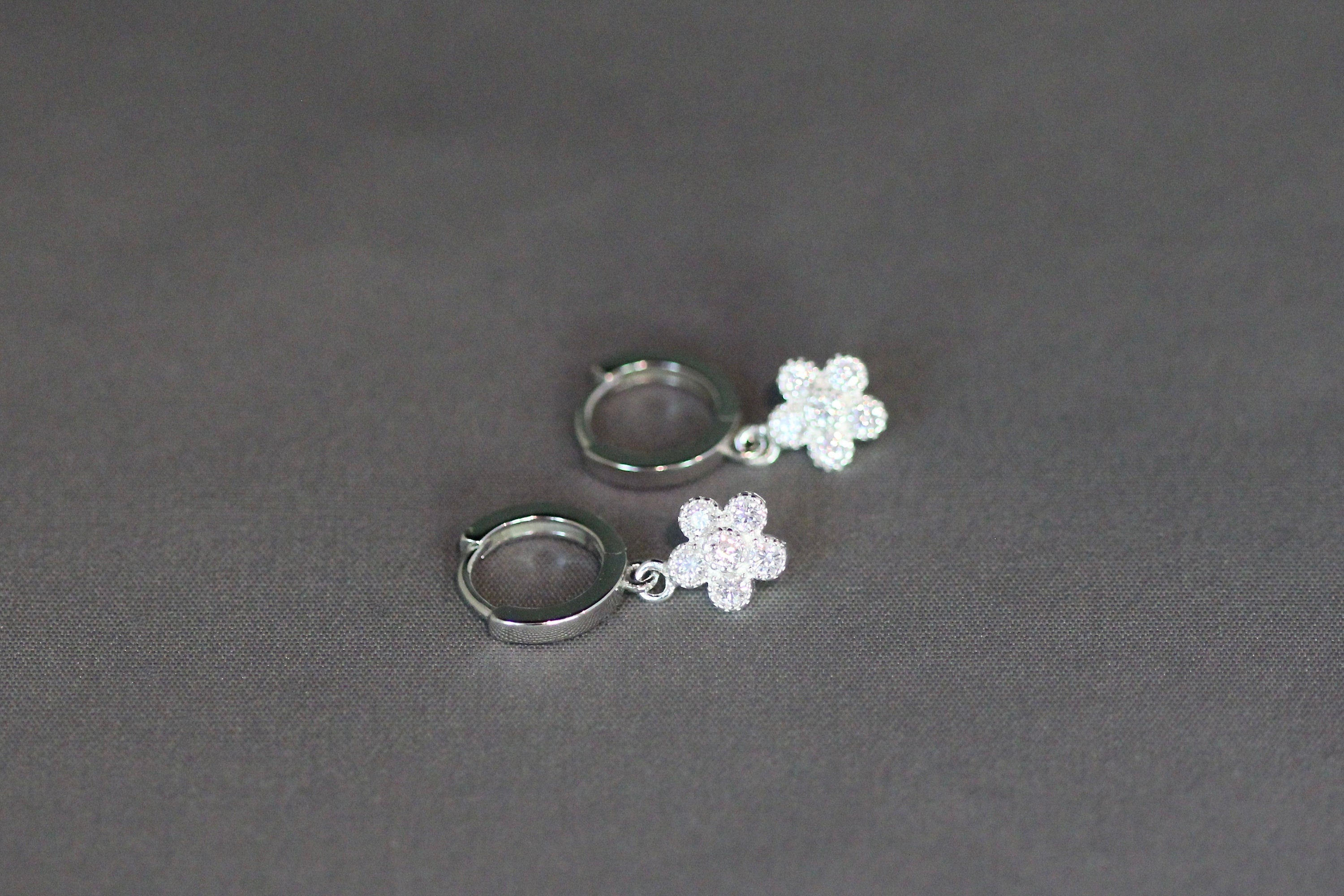 Cubic Zirconia Sterling Silver Flower Charm Huggie Hoop Earrings