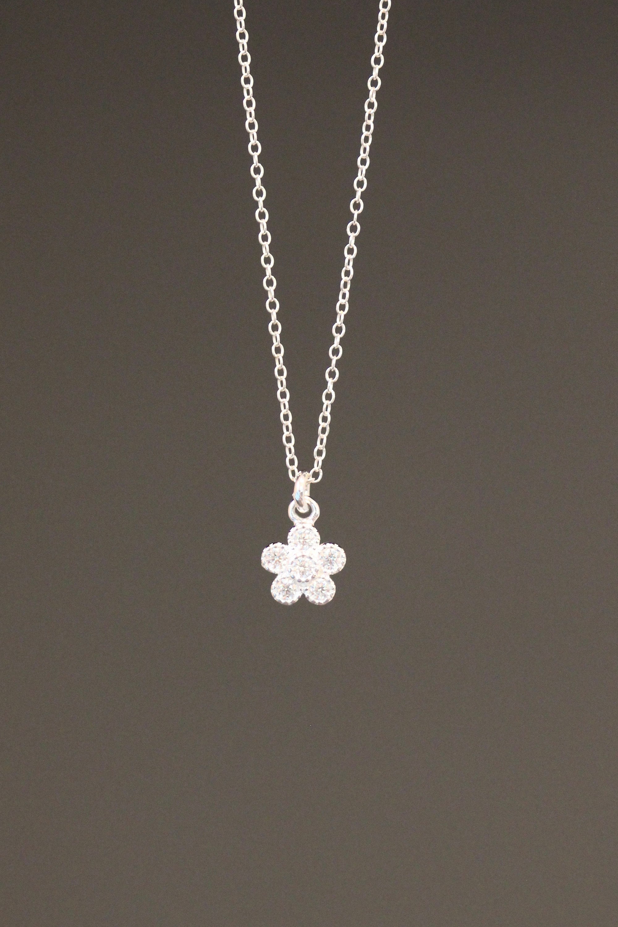 Cubic Zirconia Sterling Silver Flower Pendant Necklace