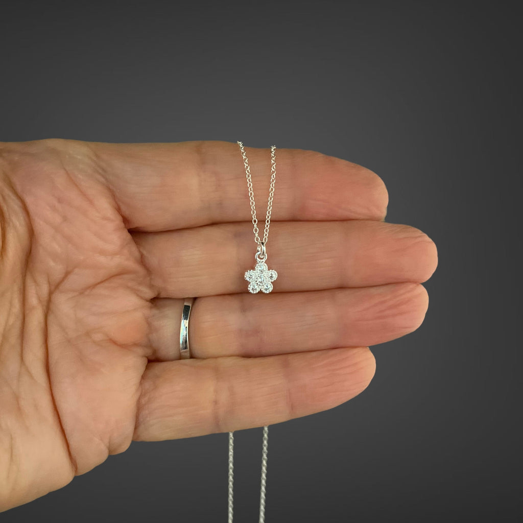 Cubic Zirconia Sterling Silver Flower Pendant Necklace