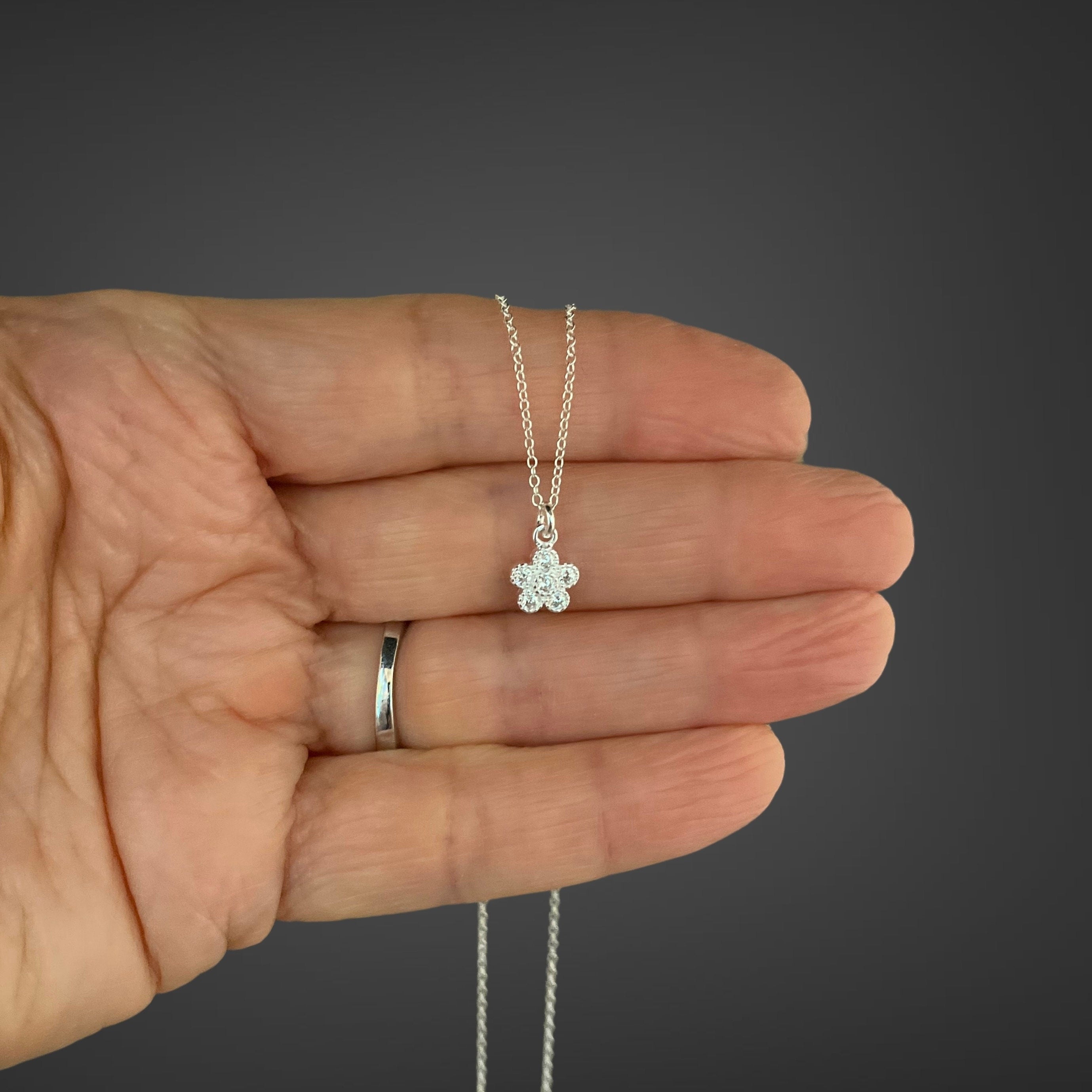 Cubic Zirconia Sterling Silver Flower Pendant Necklace