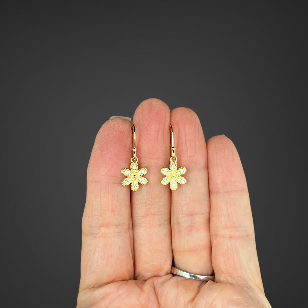 Cubic Zirconia Gold Vermeil Flower Charm Dangle Earrings