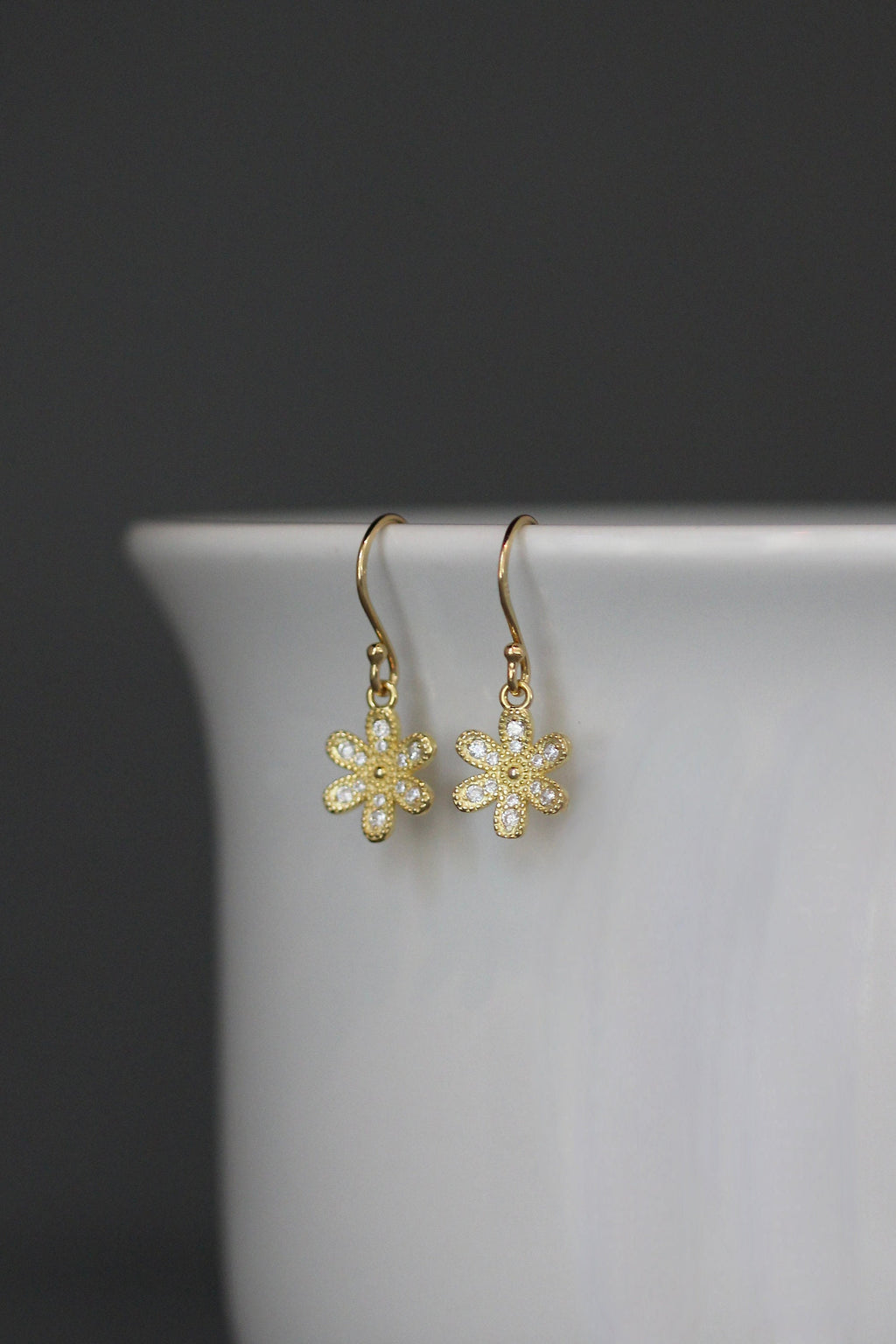 Cubic Zirconia Gold Vermeil Flower Charm Dangle Earrings
