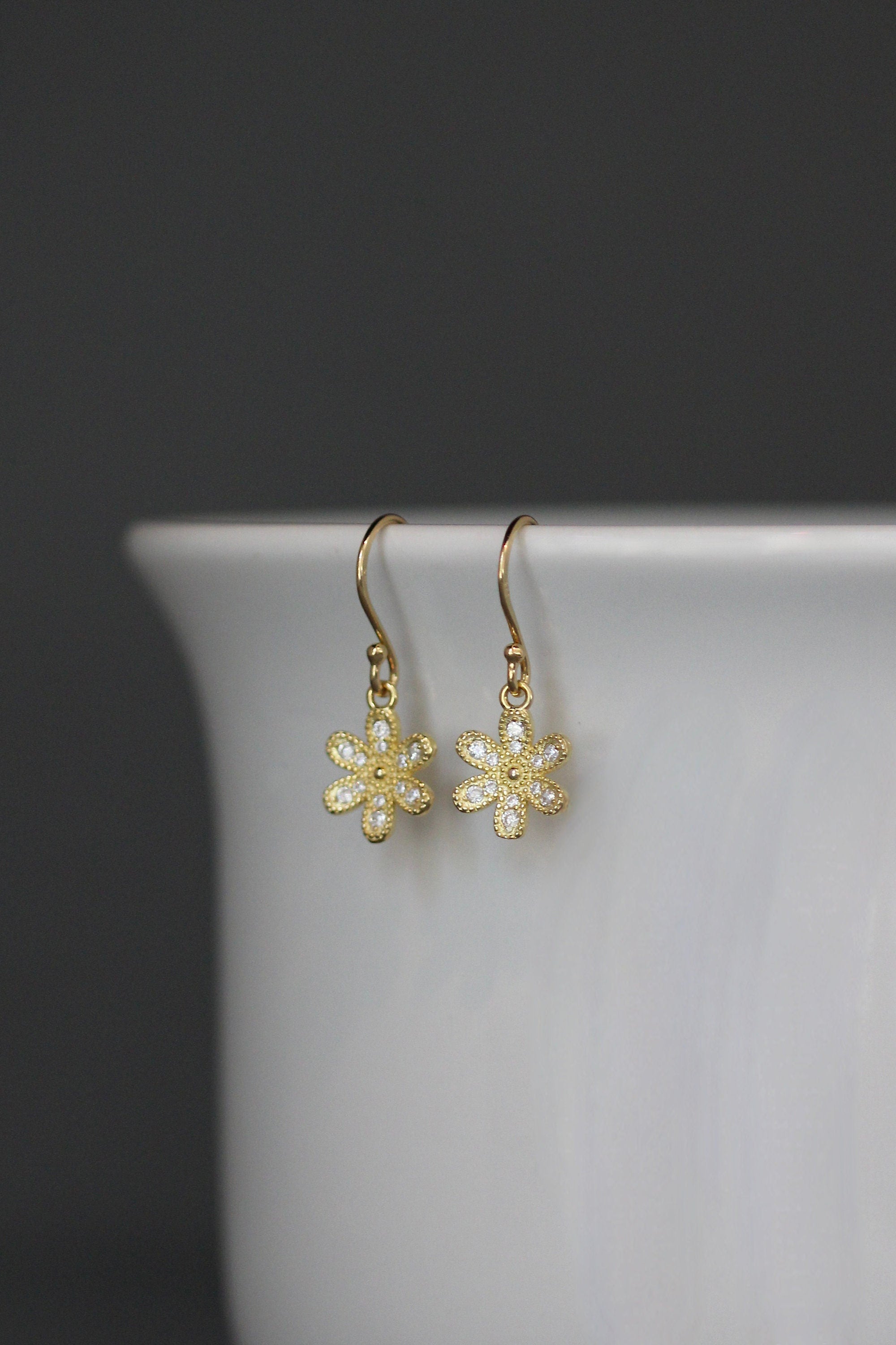 Cubic Zirconia Gold Vermeil Flower Charm Dangle Earrings