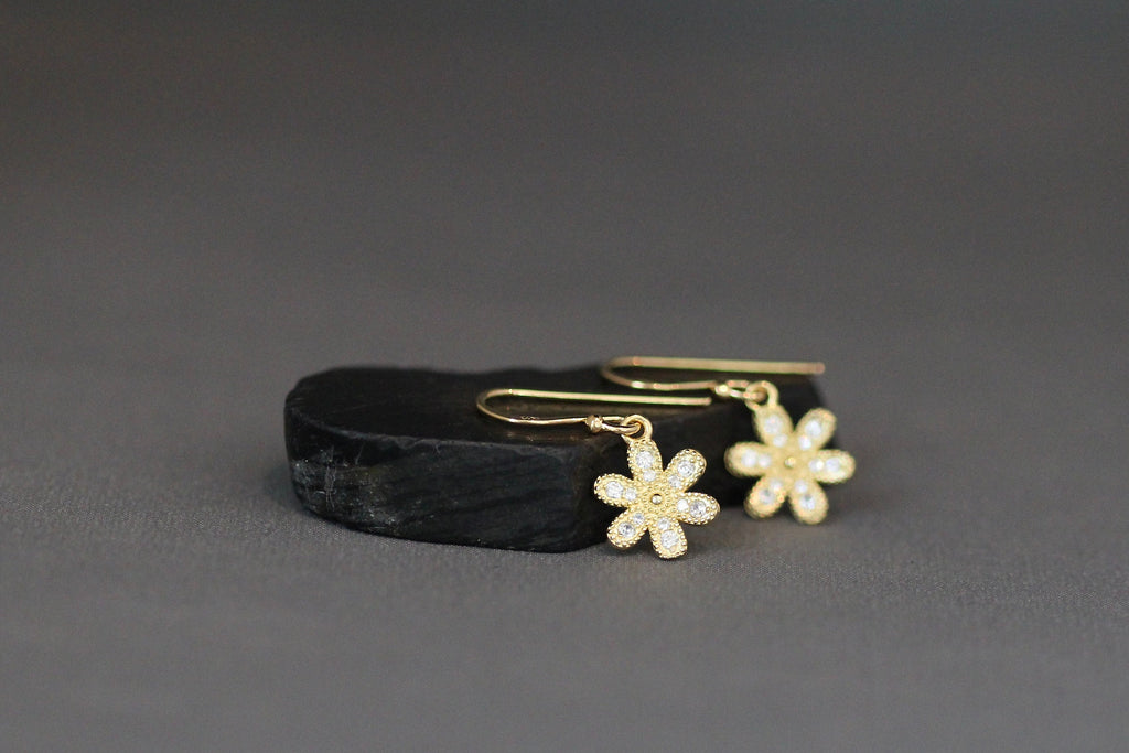 Cubic Zirconia Gold Vermeil Flower Charm Dangle Earrings