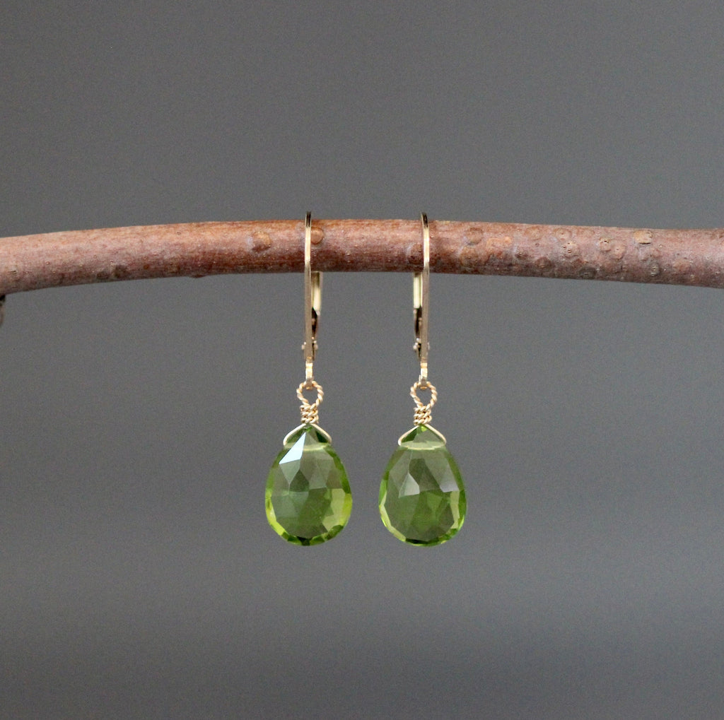 Peridot Quartz Teardrop Dangle Earrings on Gold Filled Leverback Earwires
