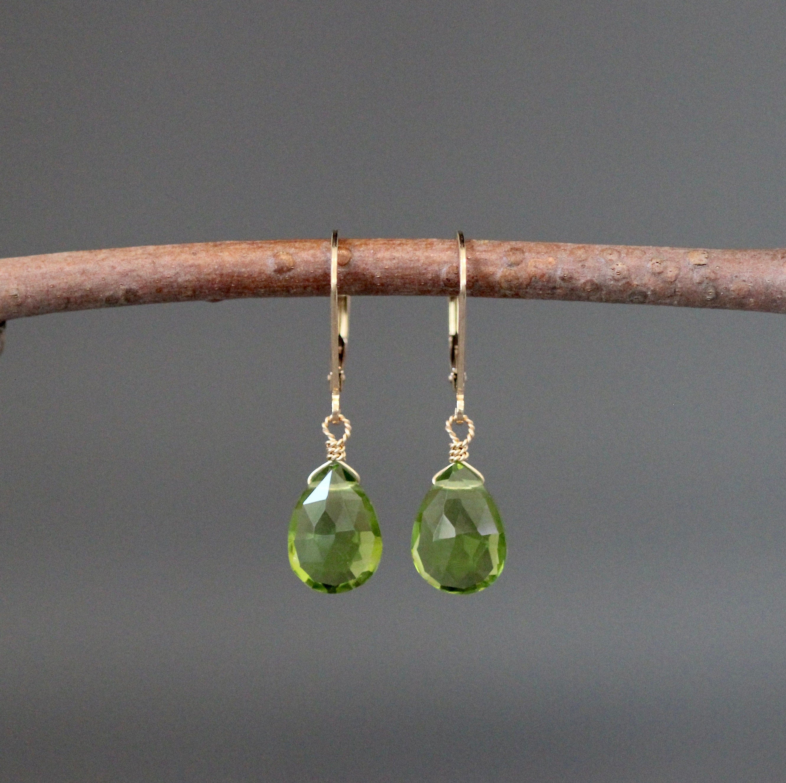 Peridot Quartz Teardrop Dangle Earrings on Gold Filled Leverback Earwires