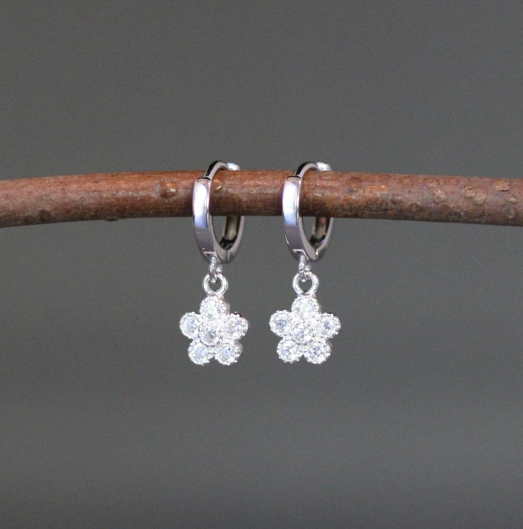 Cubic Zirconia Sterling Silver Flower Charm Huggie Hoop Earrings