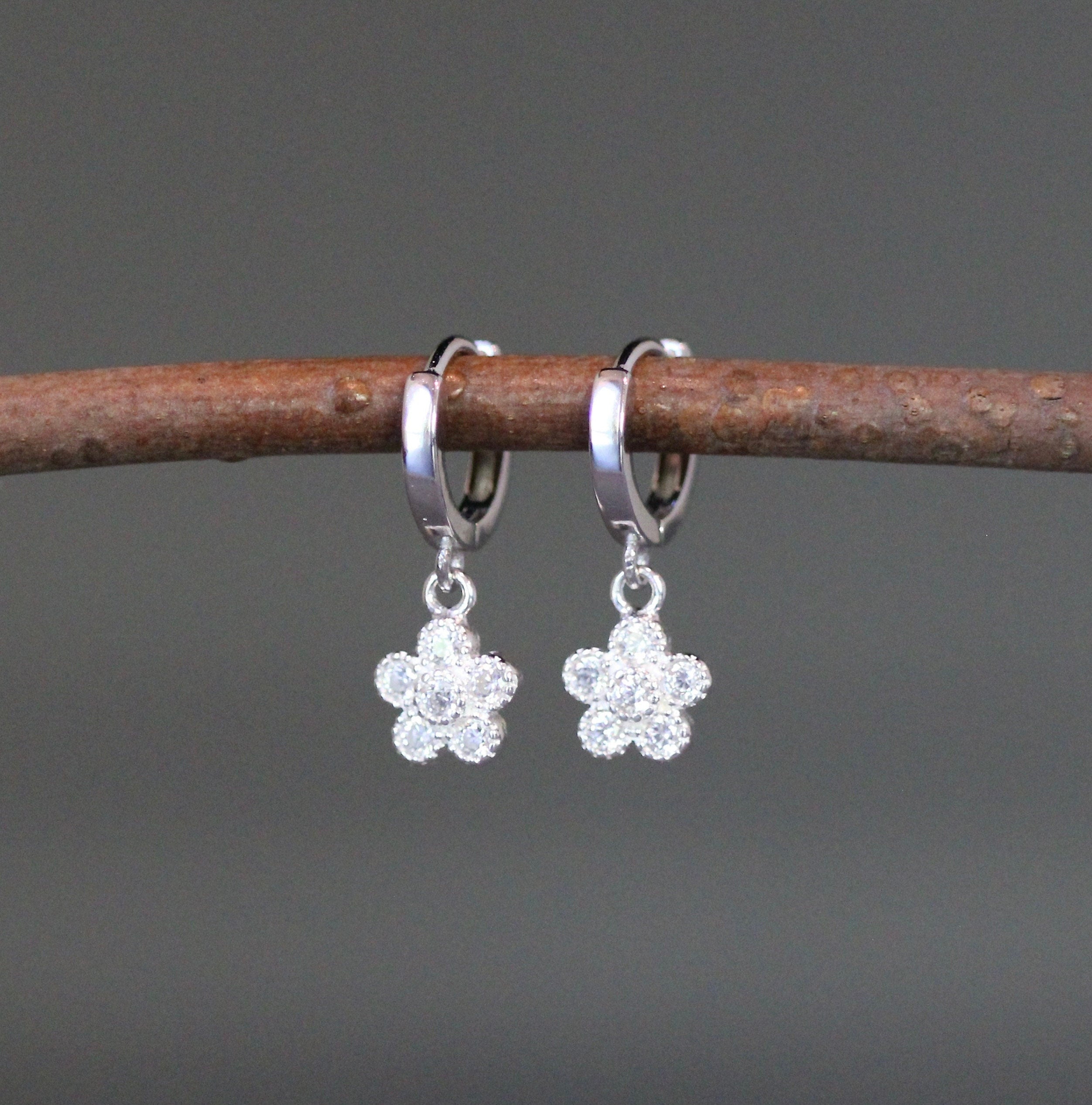 Cubic Zirconia Sterling Silver Flower Charm Huggie Hoop Earrings