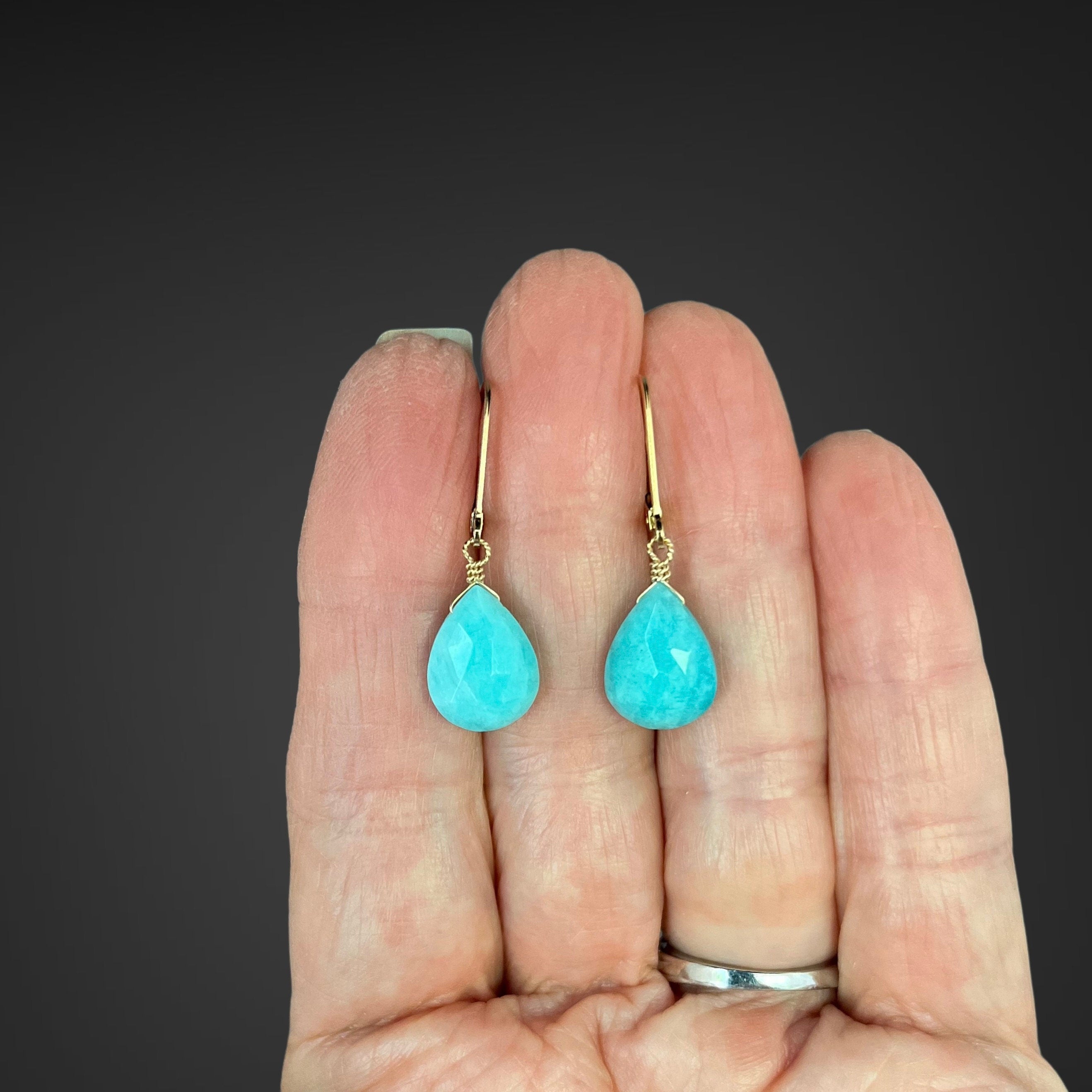 Turquoise Amazonite Teardrop Earrings with Gold Filled Leverback Earwires