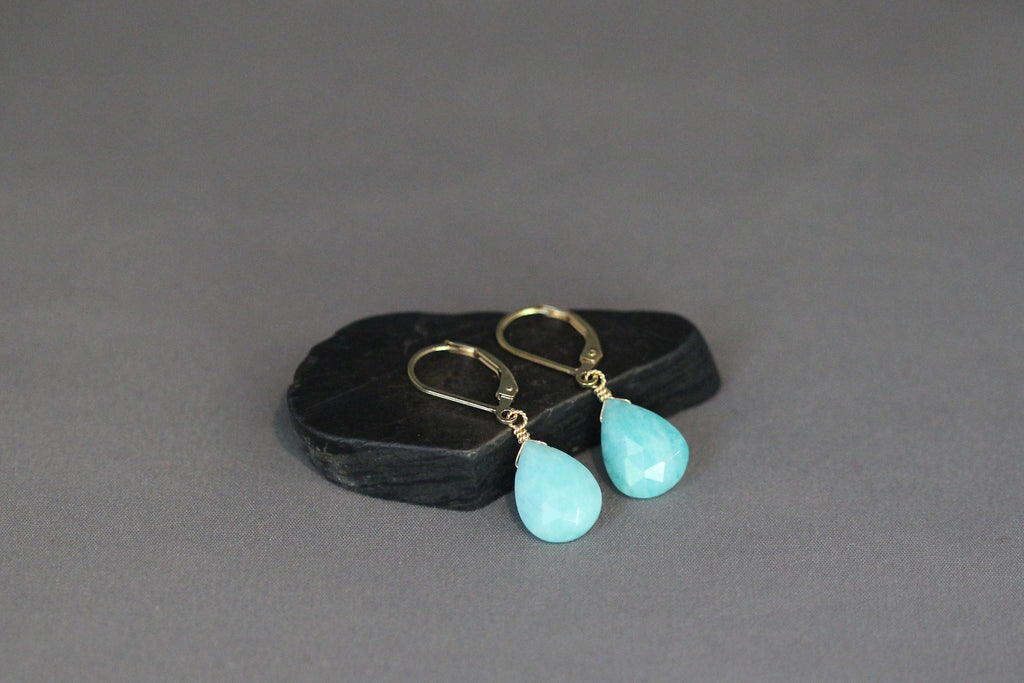 Turquoise Amazonite Teardrop Earrings with Gold Filled Leverback Earwires