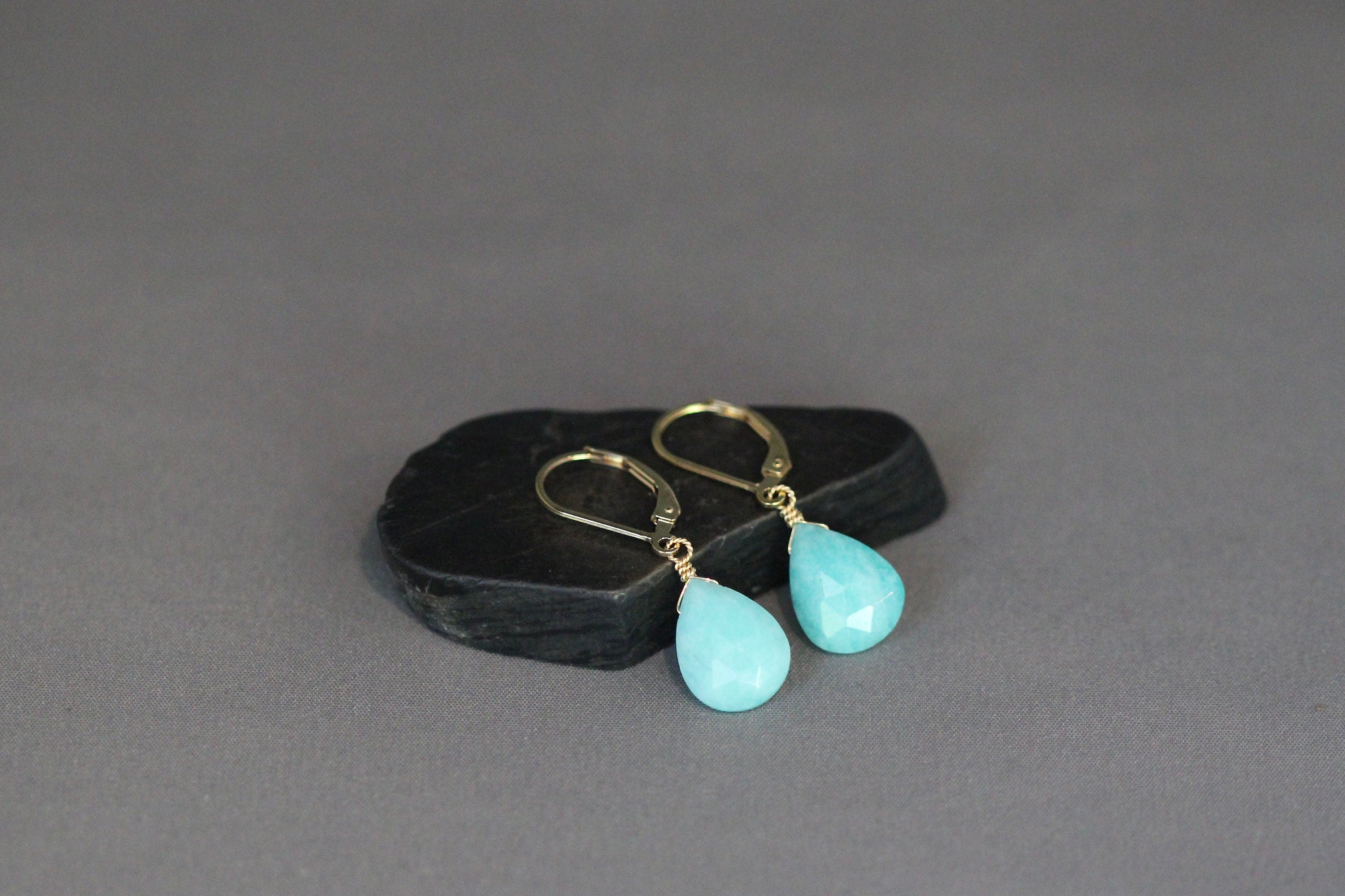 Turquoise Amazonite Teardrop Earrings with Gold Filled Leverback Earwires