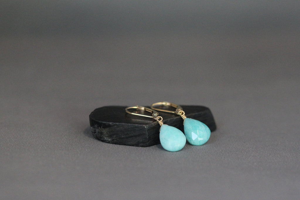 Turquoise Amazonite Teardrop Earrings with Gold Filled Leverback Earwires