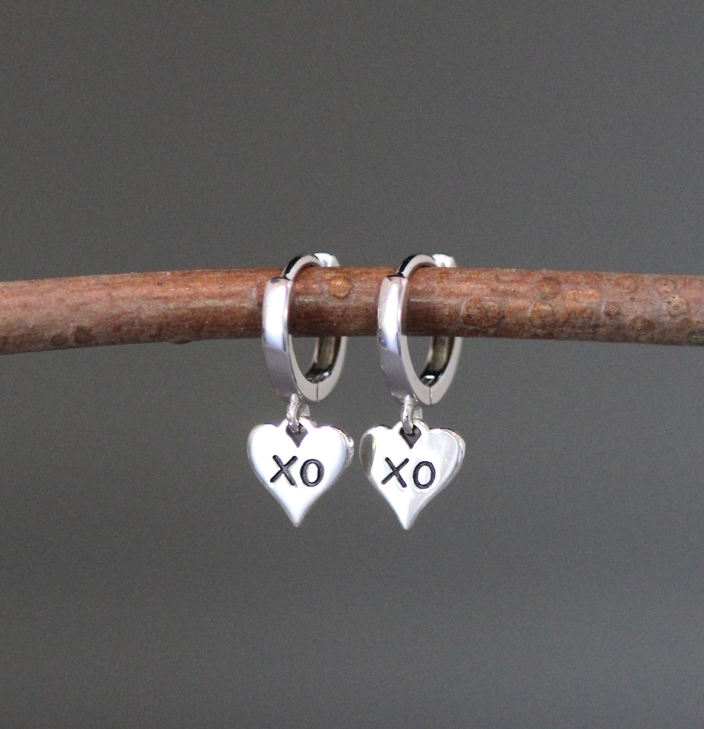 Sterling Silver XO Heart Charm Earrings on Huggie Hoop Leverbacks